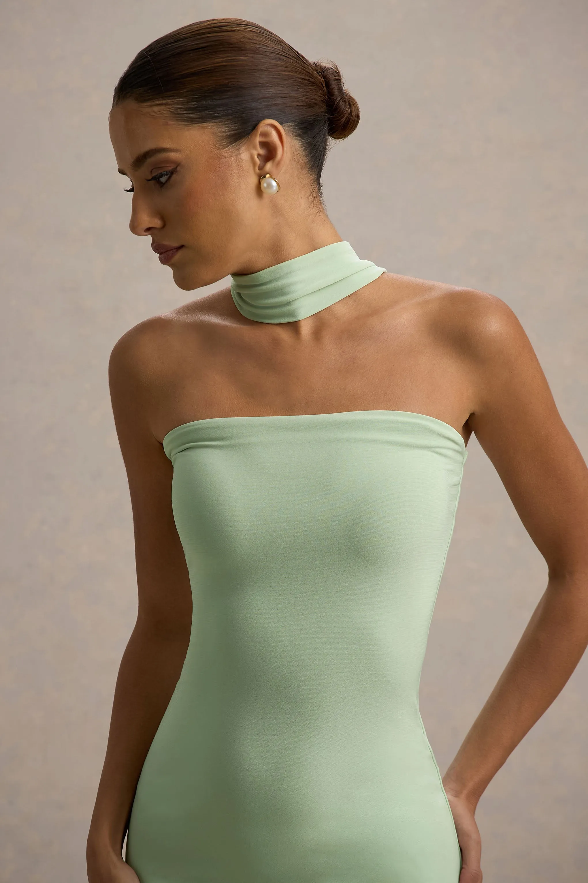 Nobu | Light Green Bandeau Maxi Dress With Halter-Collar Club L London