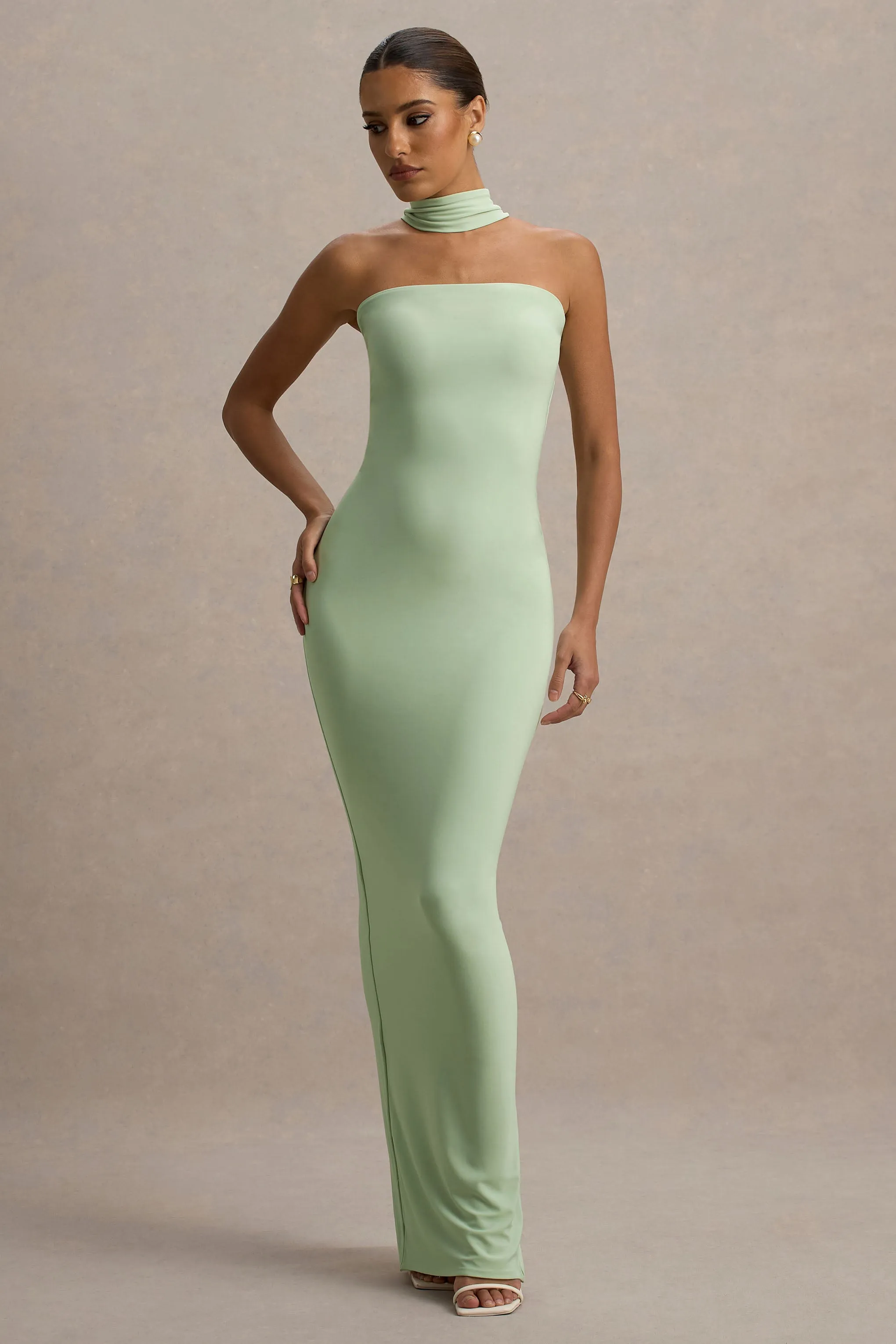 Nobu | Light Green Bandeau Maxi Dress With Halter-Collar Club L London