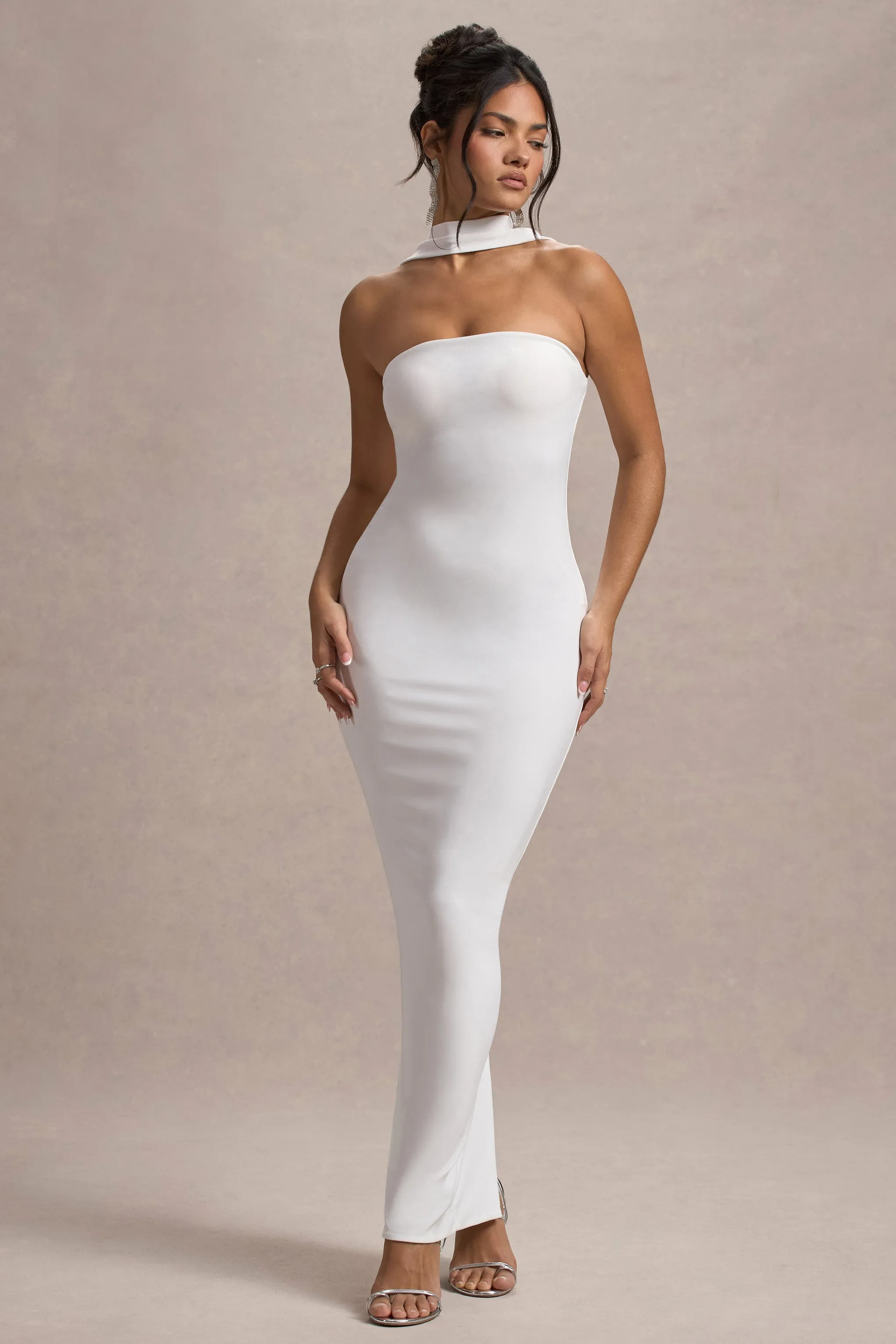 Nobu | White Bandeau Maxi Dress With Halter-Collar Club L London