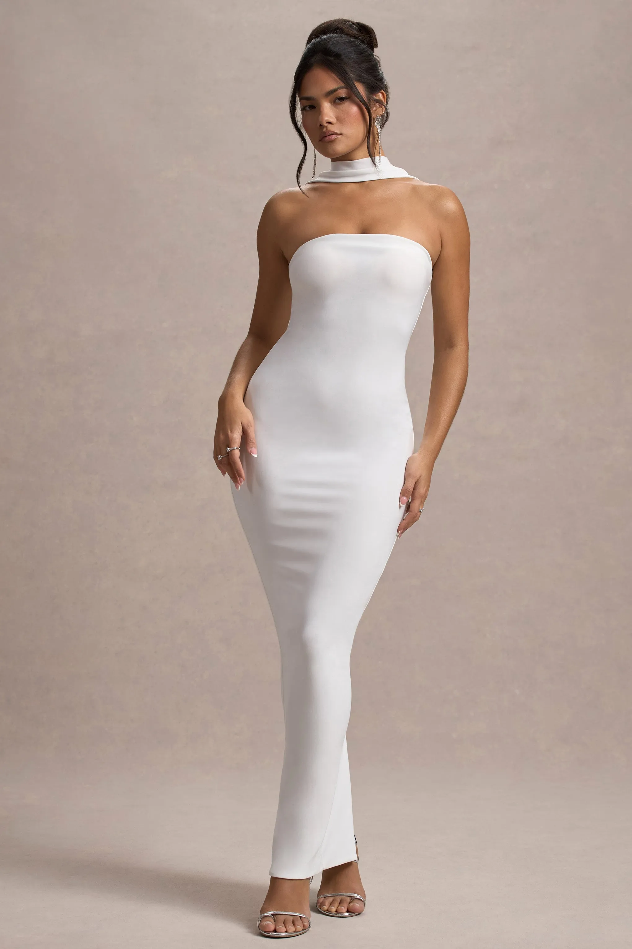 Nobu | White Bandeau Maxi Dress With Halter-Collar Club L London