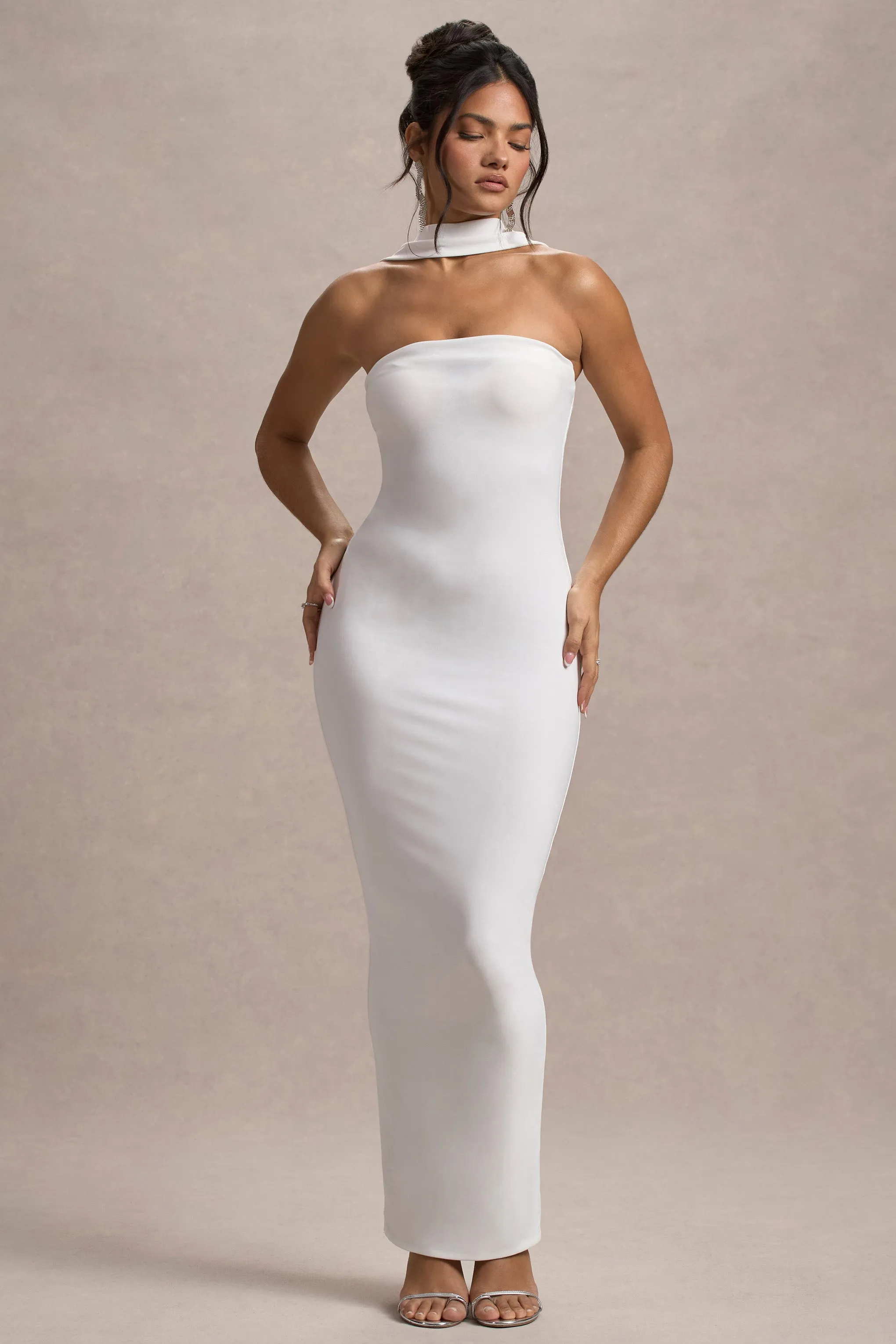 Nobu | White Bandeau Maxi Dress With Halter-Collar Club L London