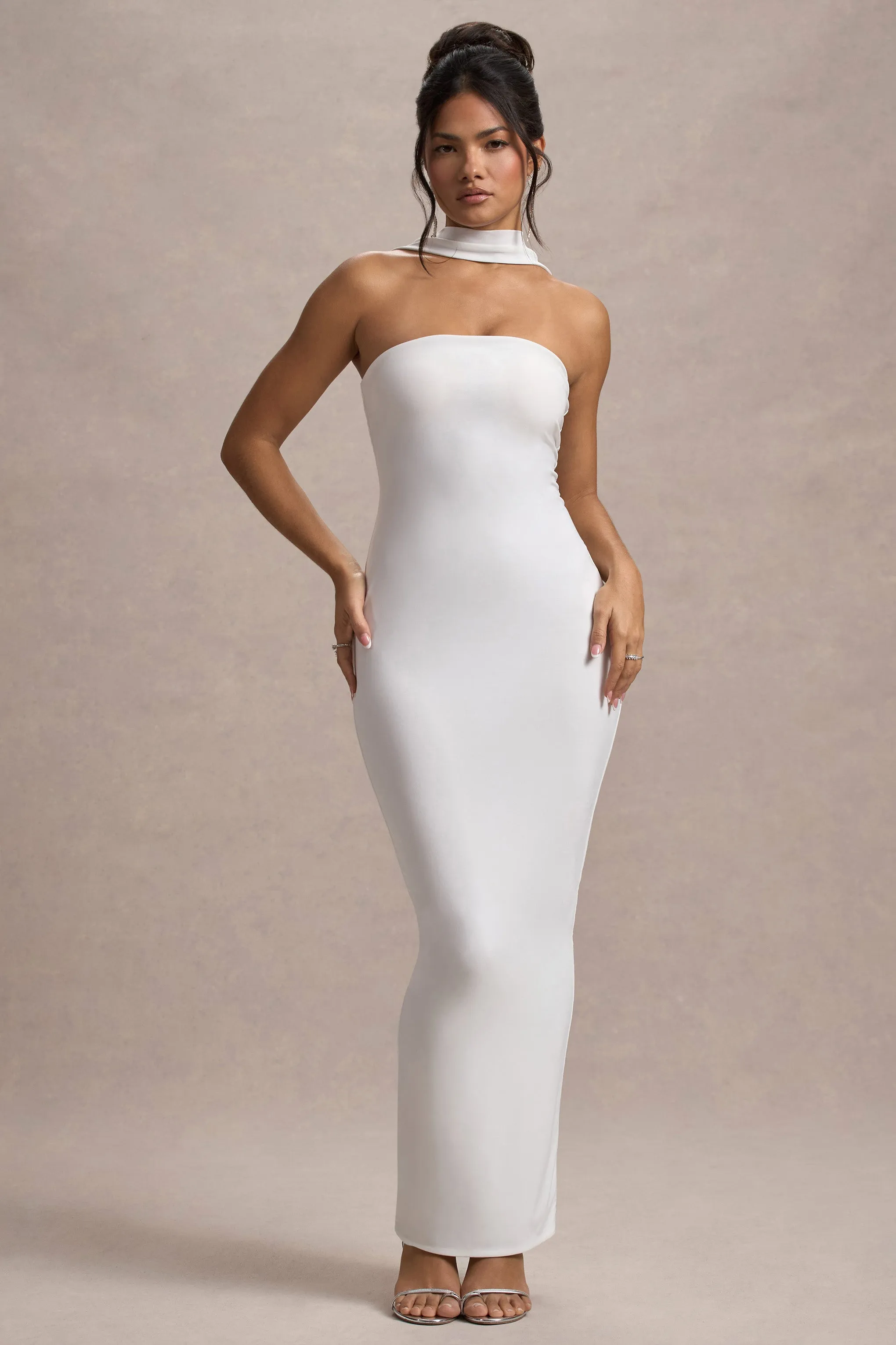 Nobu | White Bandeau Maxi Dress With Halter-Collar Club L London