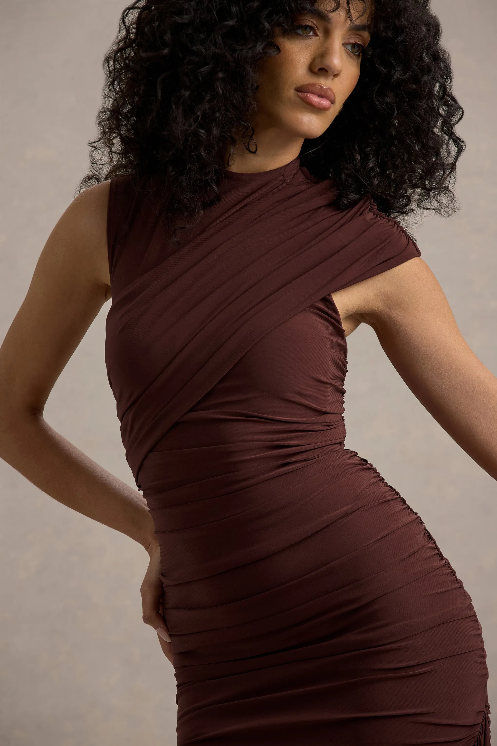 Nocturnal | Brown Ruched Mini Dress With Sash Club L London