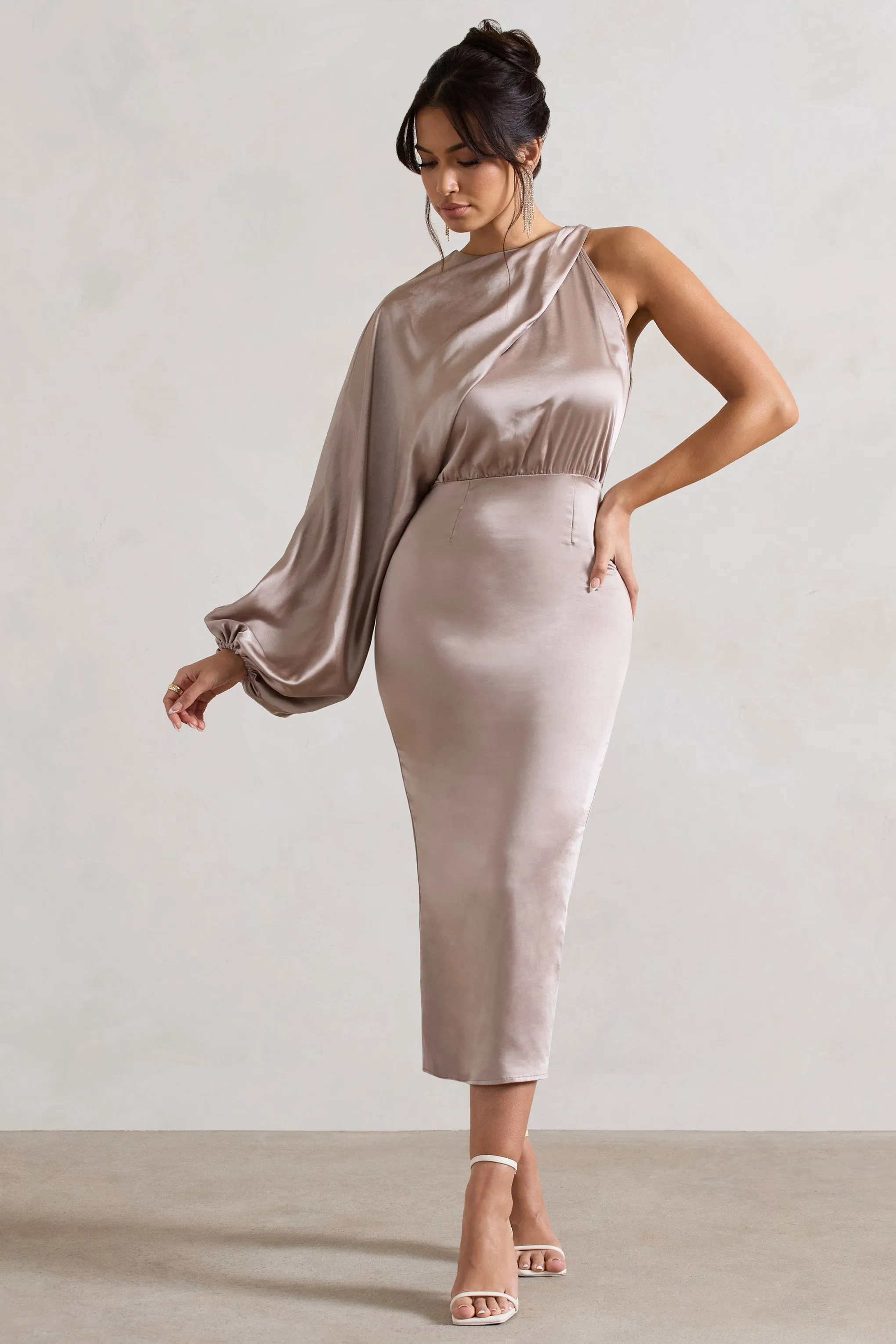 Nola | Taupe Satin One-Sleeve Midi Dress Club L London