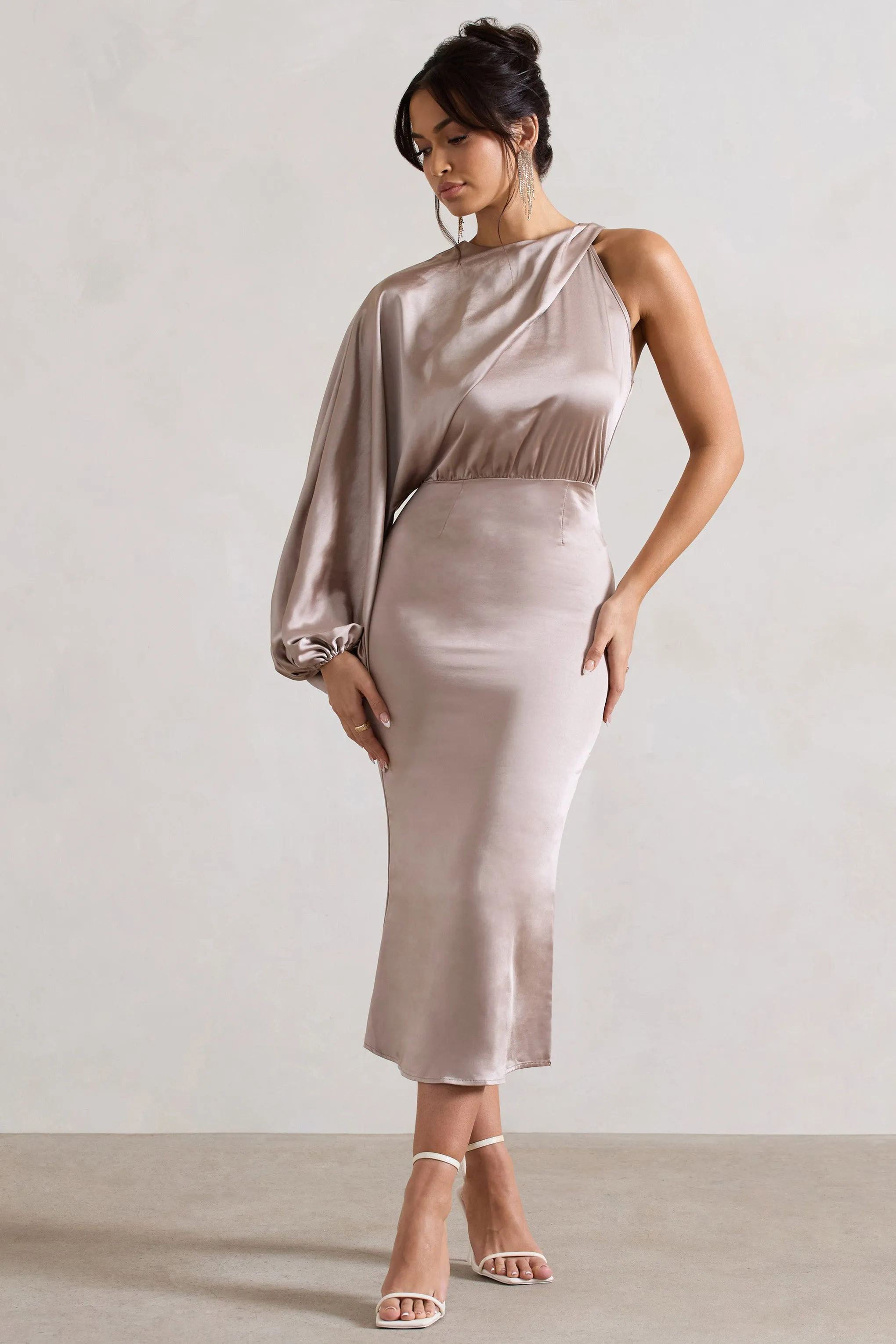 Nola | Taupe Satin One-Sleeve Midi Dress Club L London