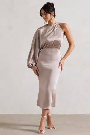 Nola | Taupe Satin One-Sleeve Midi Dress Club L London