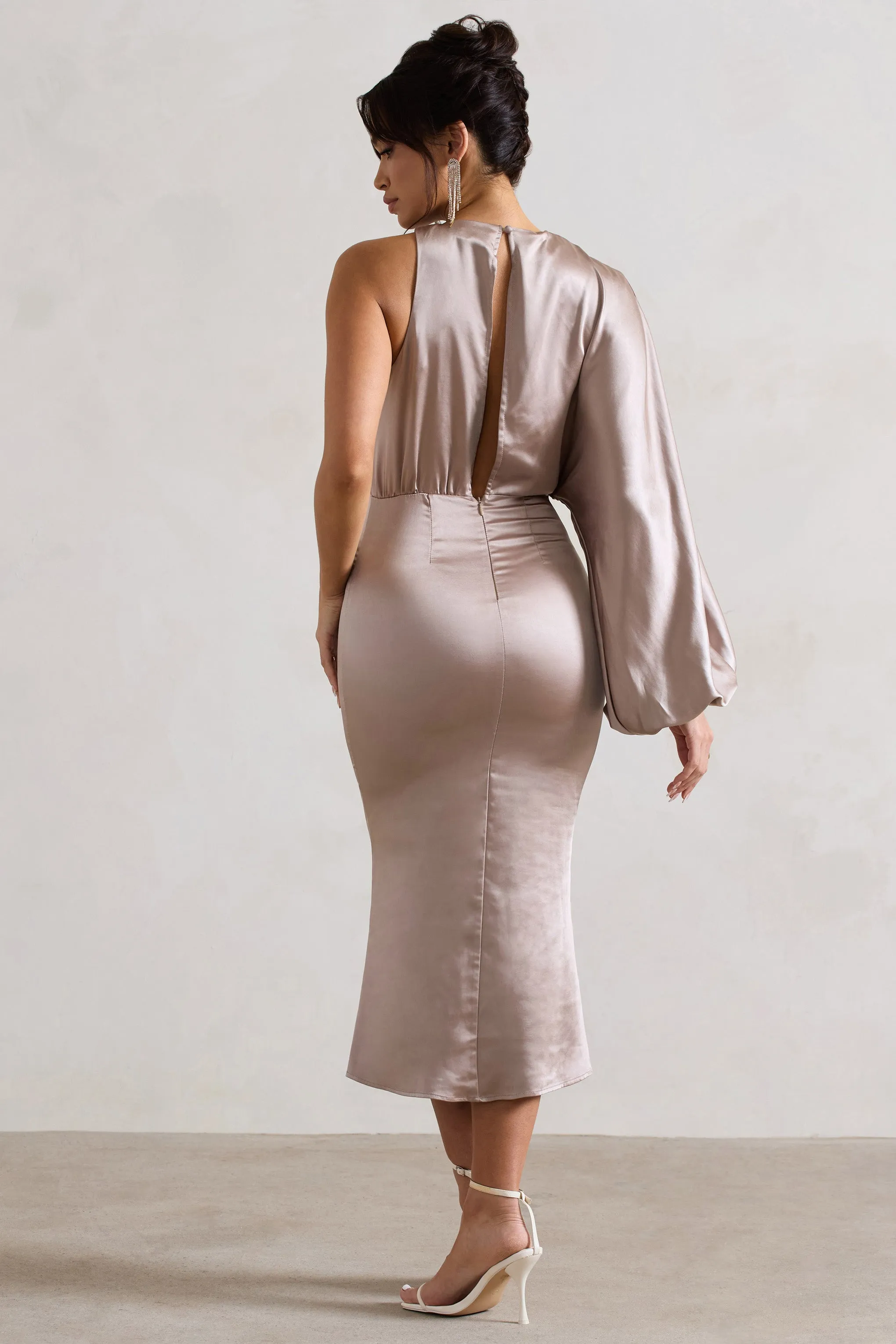 Nola | Taupe Satin One-Sleeve Midi Dress Club L London