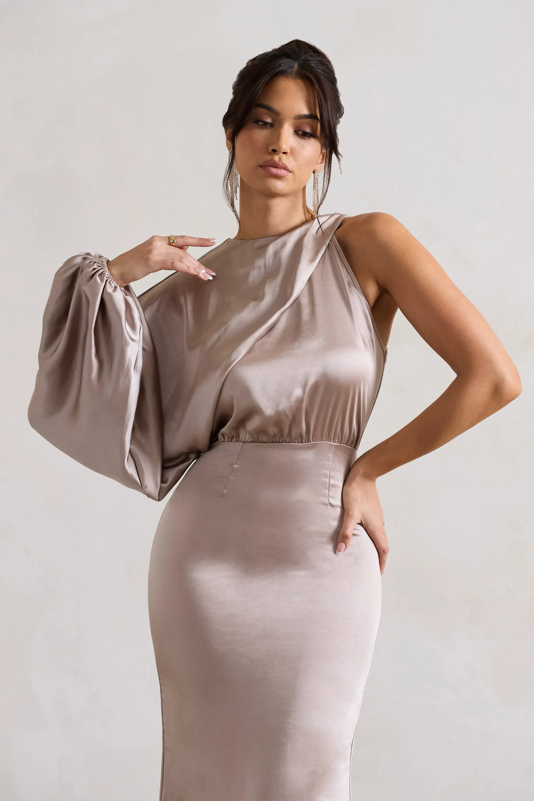 Nola | Taupe Satin One-Sleeve Midi Dress Club L London