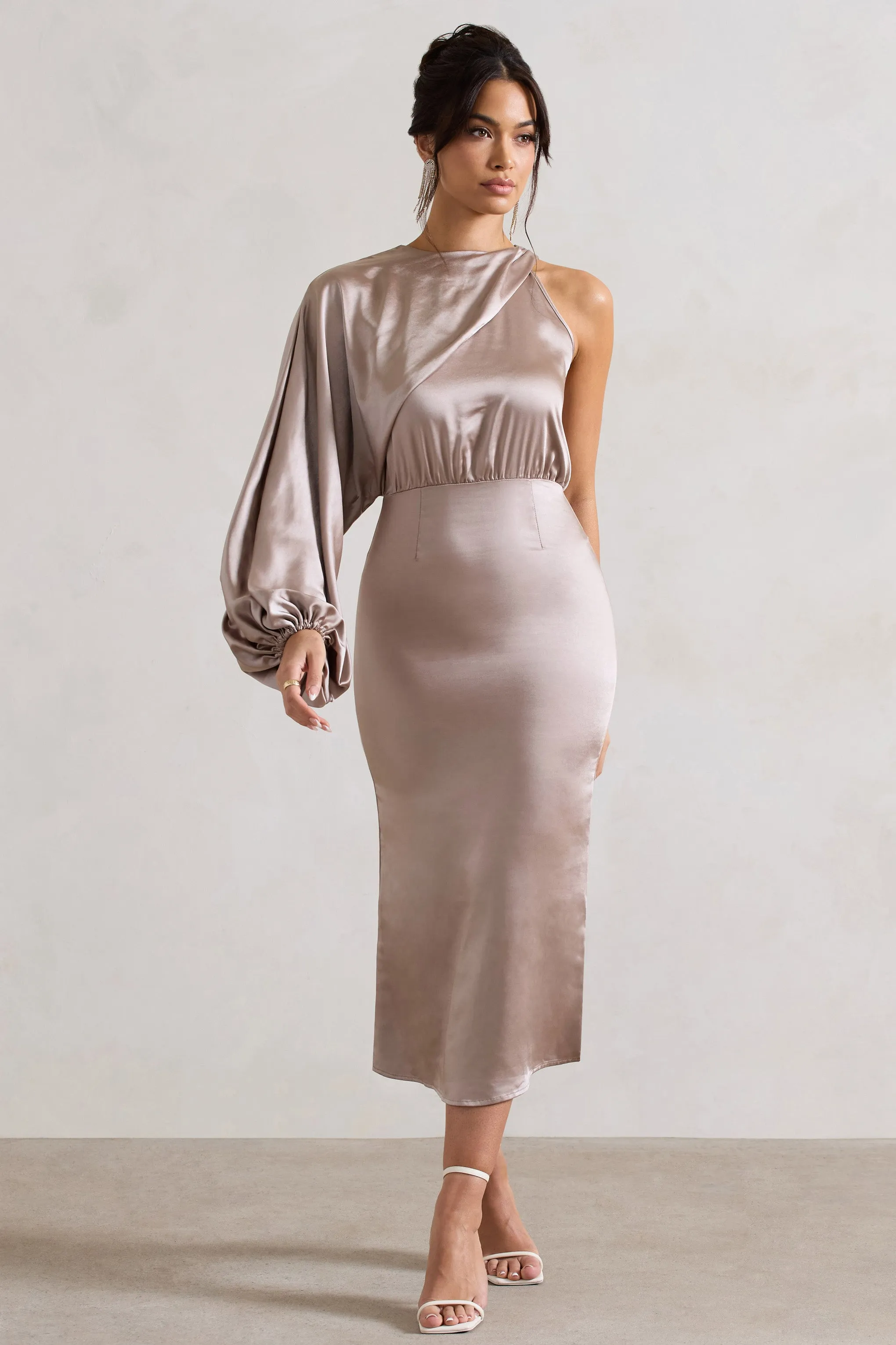 Nola | Taupe Satin One-Sleeve Midi Dress Club L London