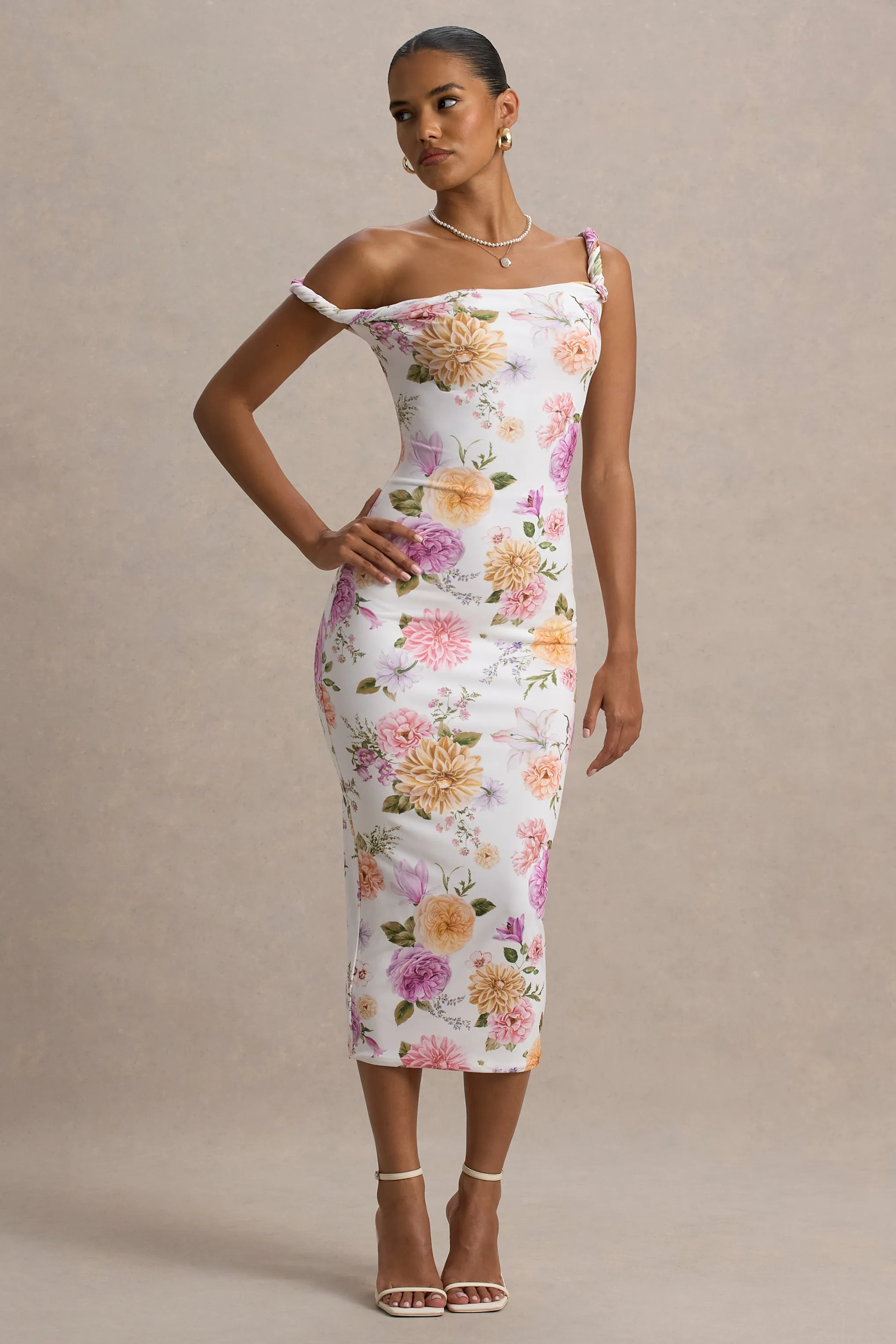 Nora | Peach And Lilac Floral Twisted Asymmetric Midi Dress Club L London