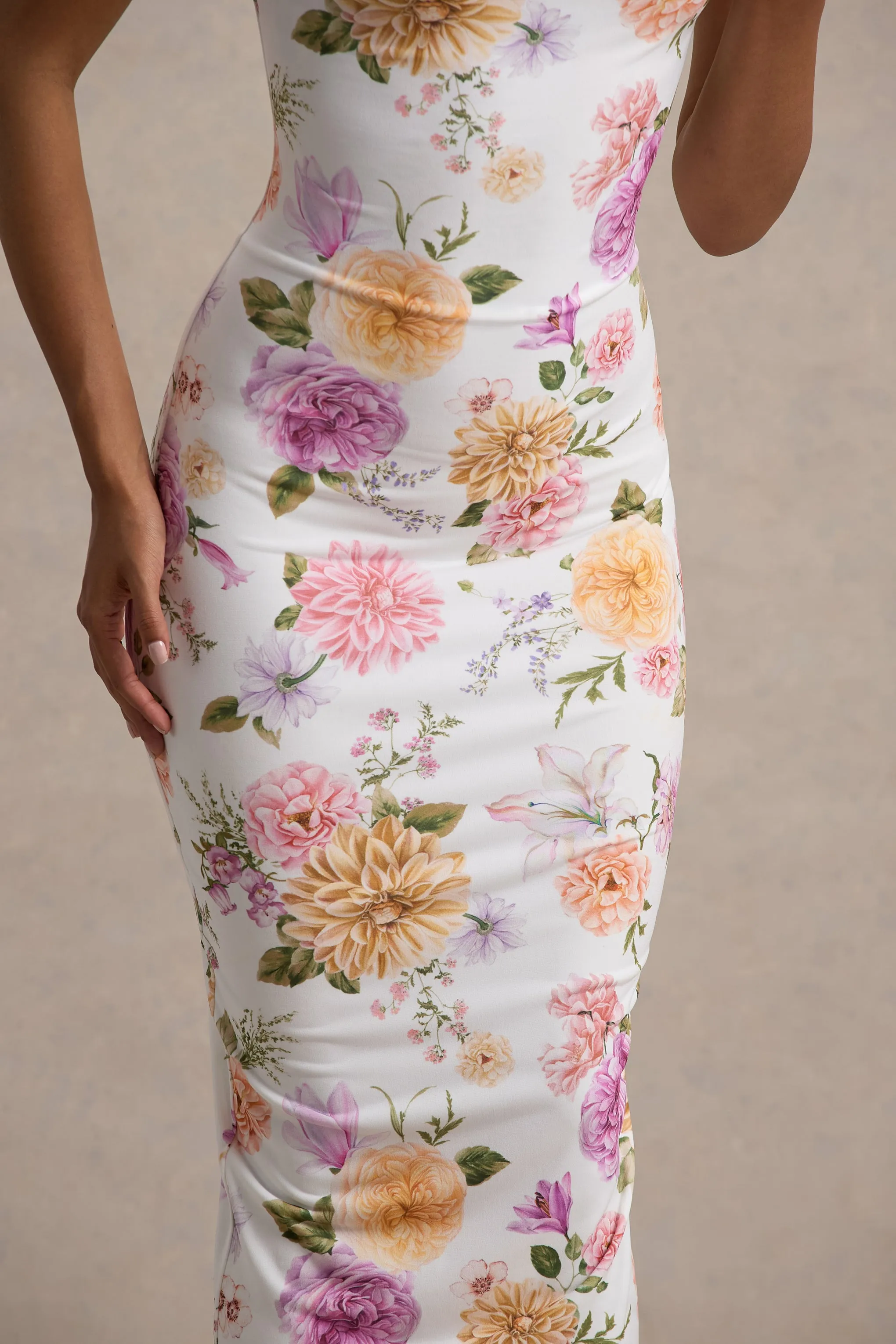 Nora | Peach And Lilac Floral Twisted Asymmetric Midi Dress Club L London