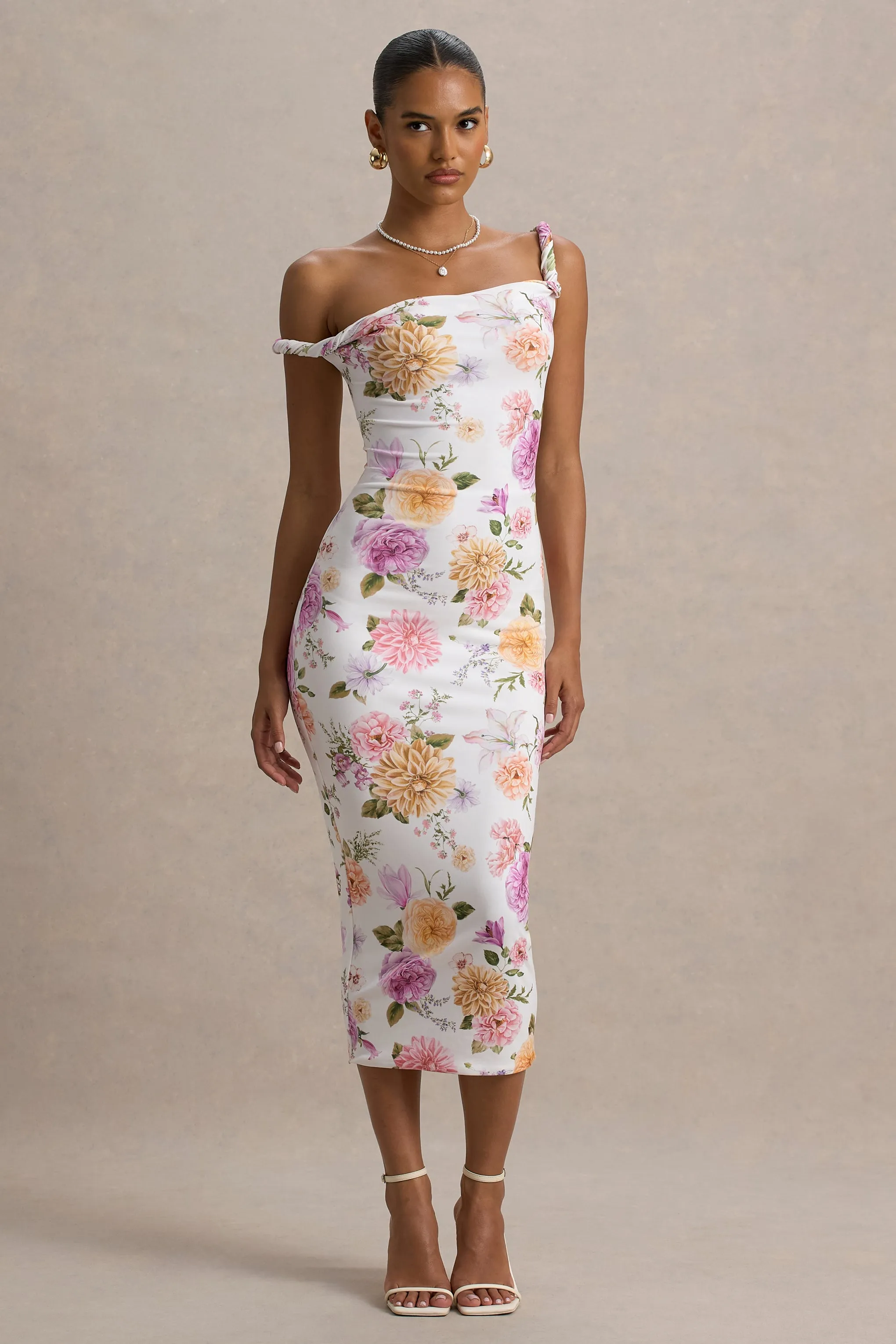 Nora | Peach And Lilac Floral Twisted Asymmetric Midi Dress Club L London