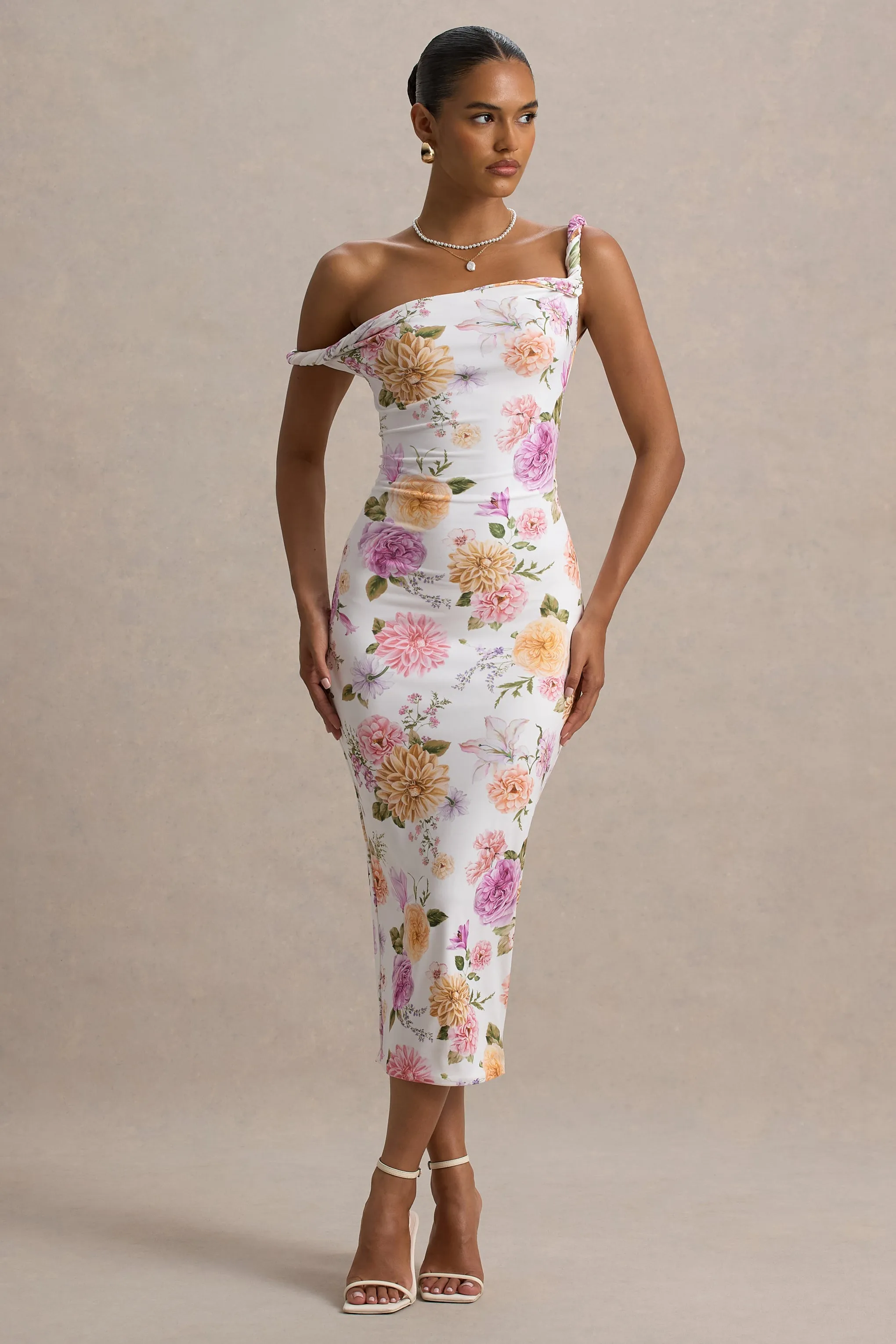 Nora | Peach And Lilac Floral Twisted Asymmetric Midi Dress Club L London