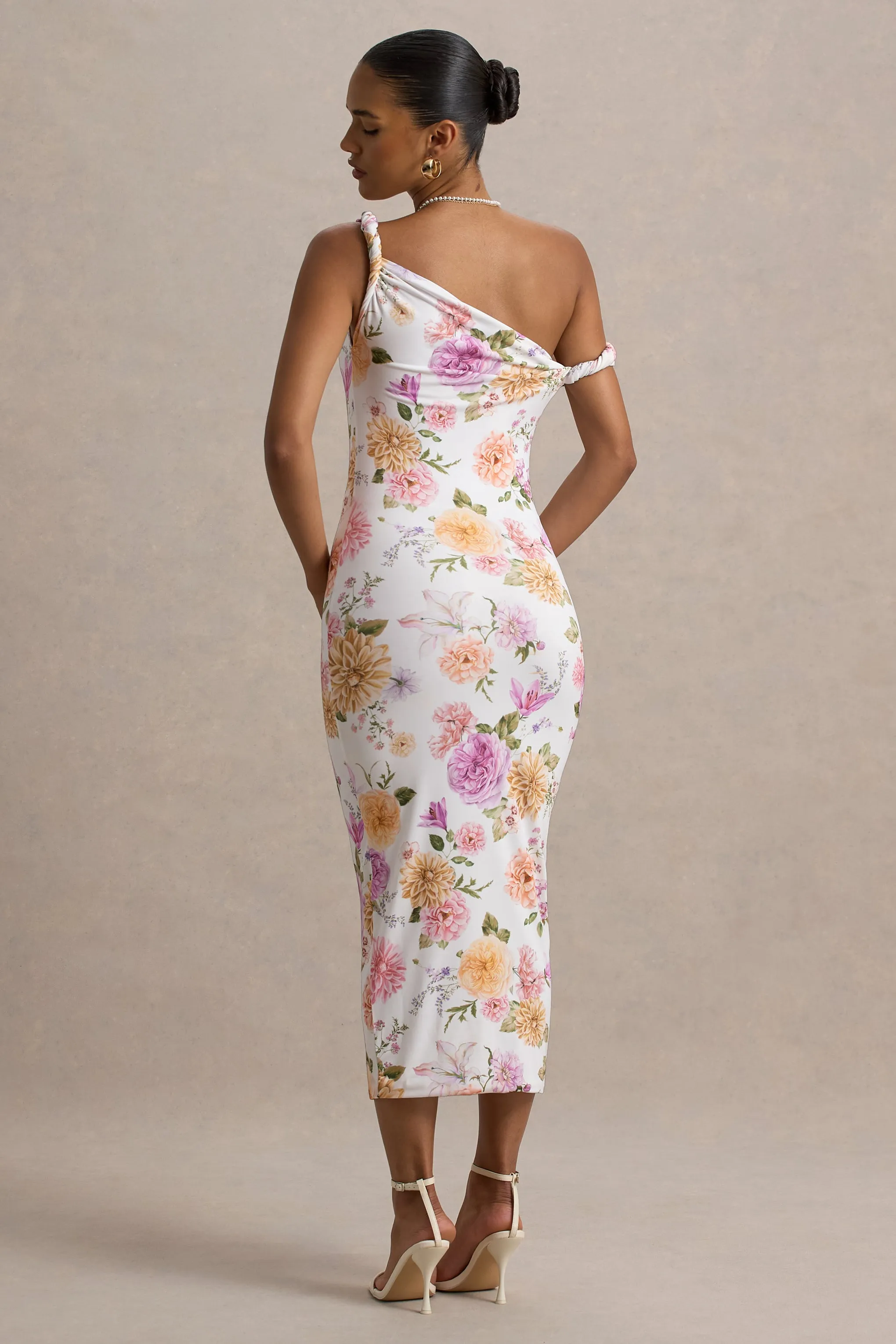 Nora | Peach And Lilac Floral Twisted Asymmetric Midi Dress Club L London