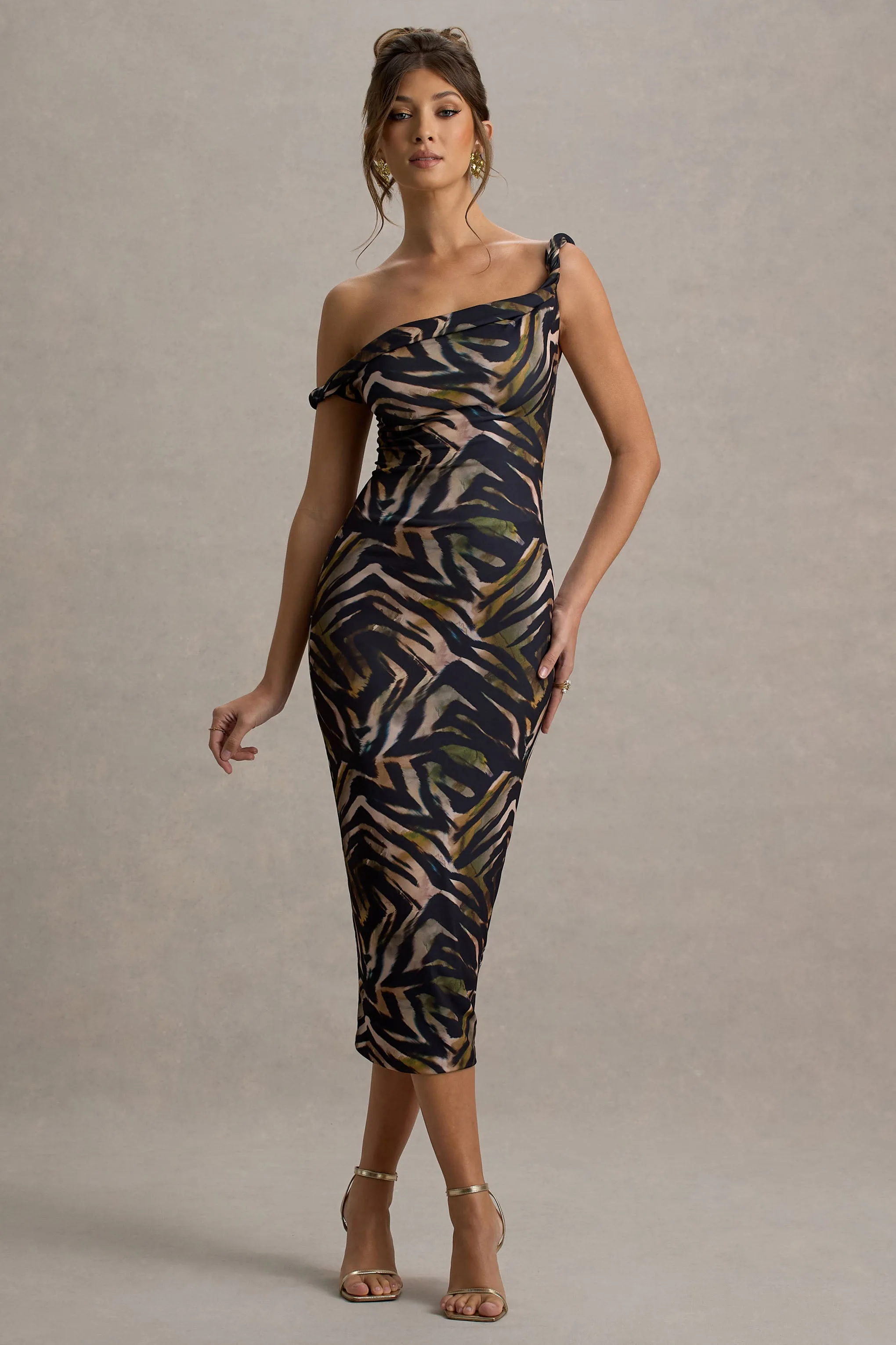 Nora | Zebra Print Twisted Asymmetric Midi Dress Club L London