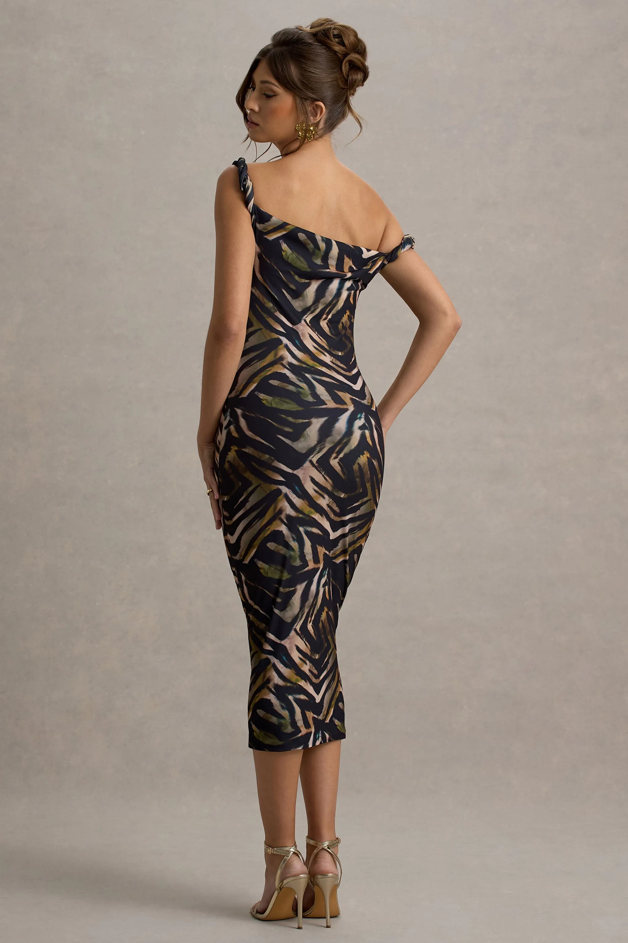 Nora | Zebra Print Twisted Asymmetric Midi Dress Club L London
