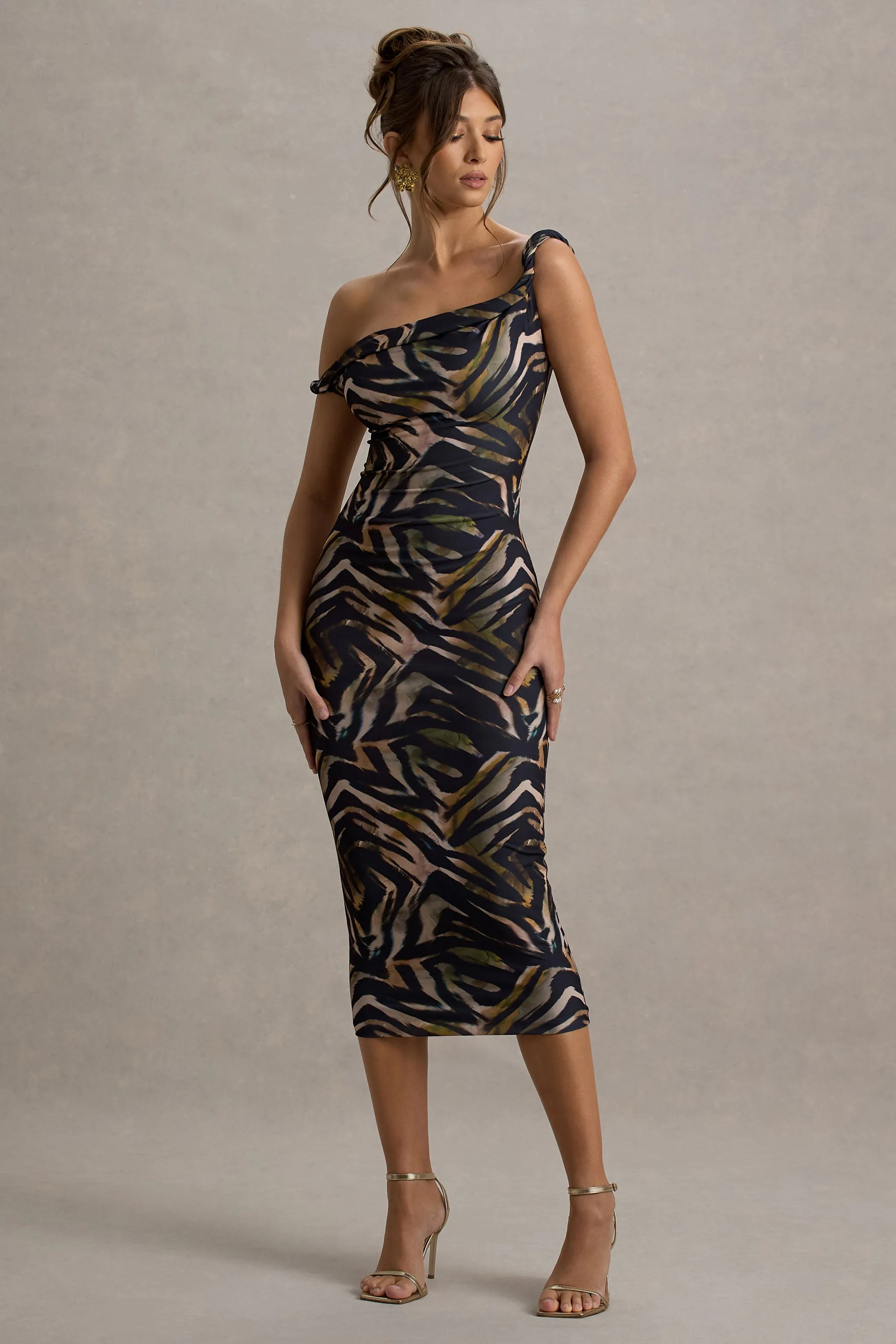 Nora | Zebra Print Twisted Asymmetric Midi Dress Club L London