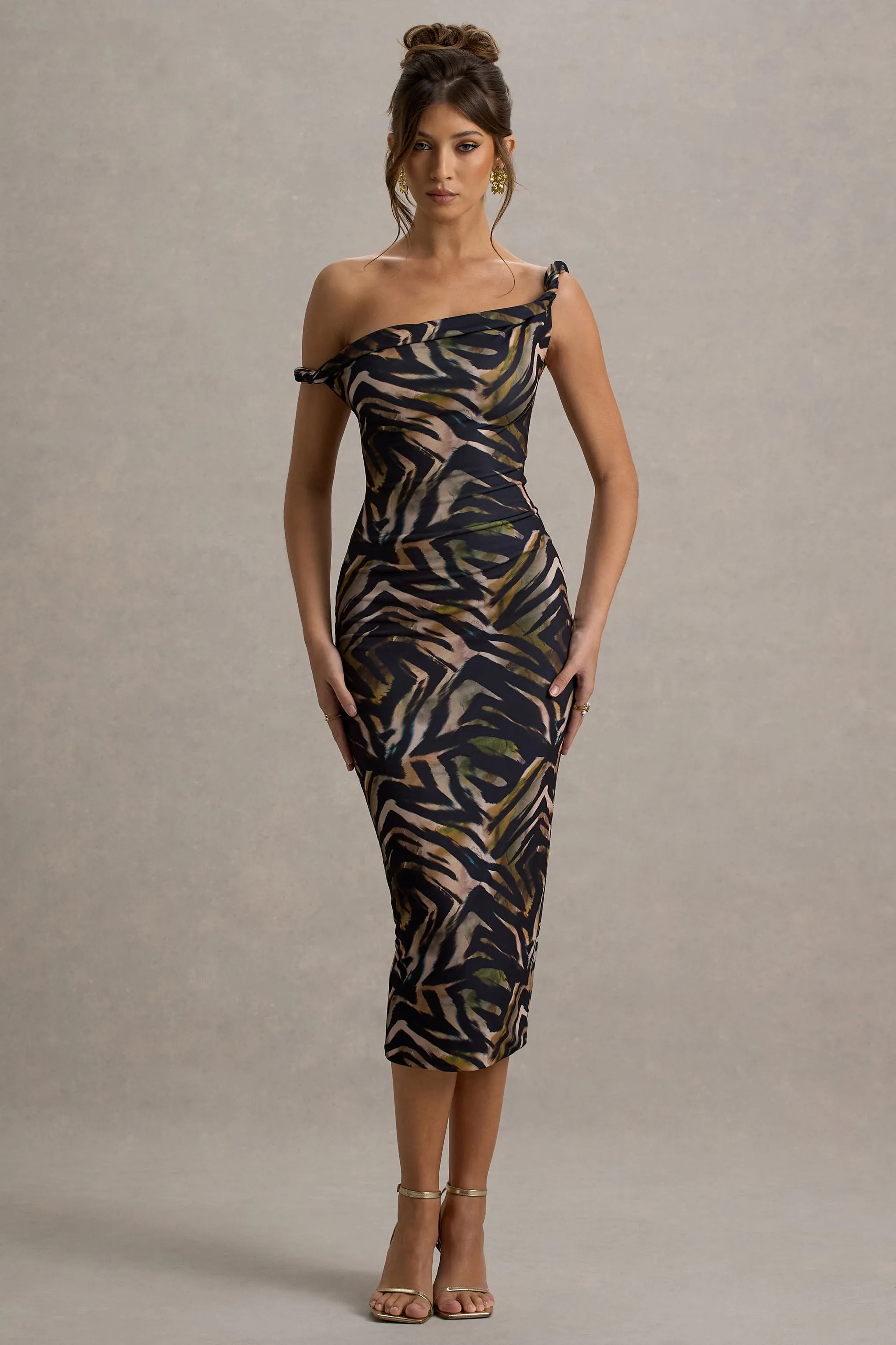Nora | Zebra Print Twisted Asymmetric Midi Dress Club L London