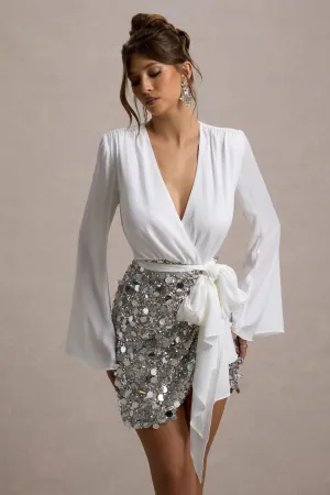 Norah | White Chiffon Plunge-Neck Wrap Mini Dress With Sequin Skirt Club L London