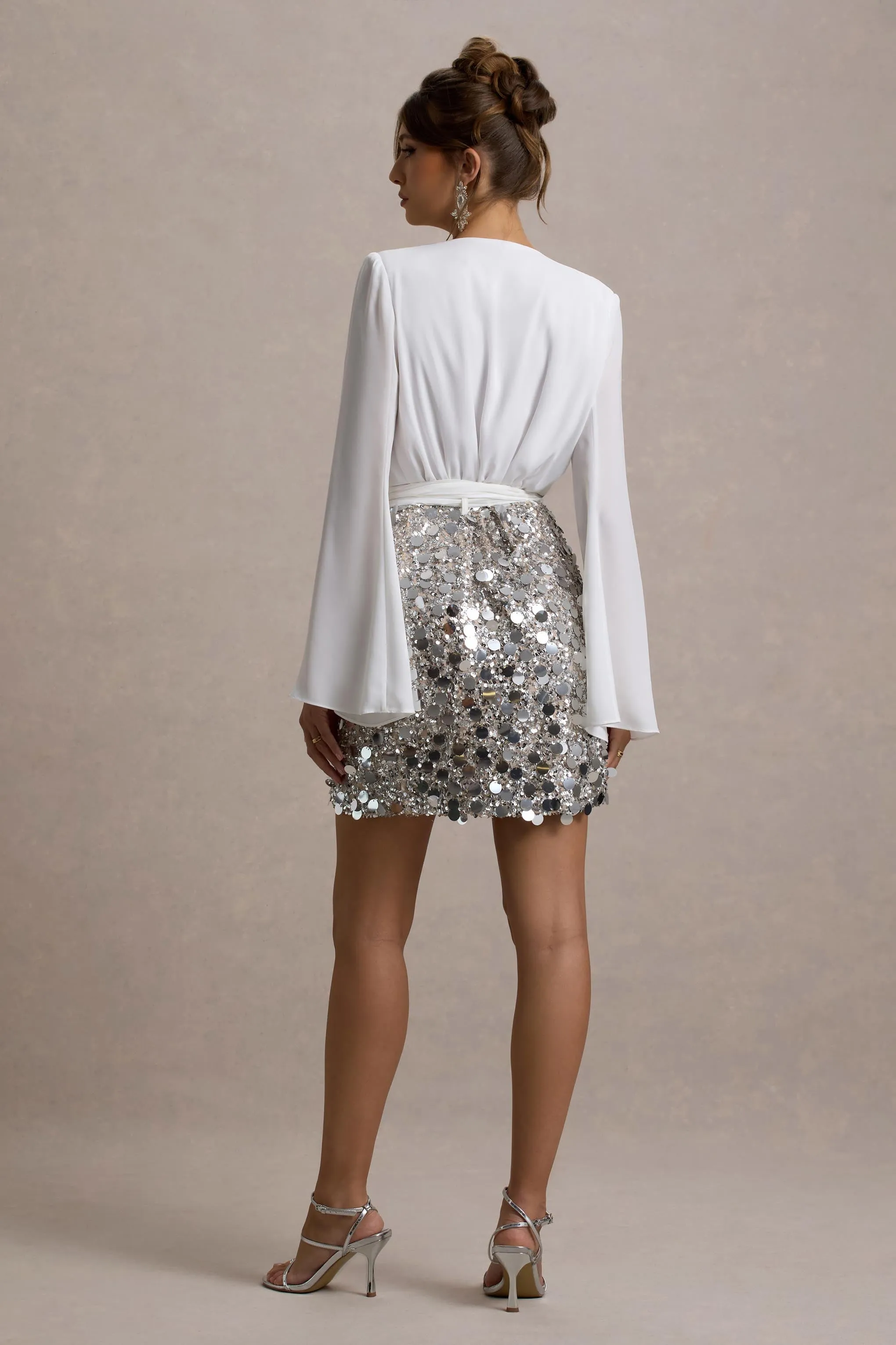 Norah | White Chiffon Plunge-Neck Wrap Mini Dress With Sequin Skirt Club L London