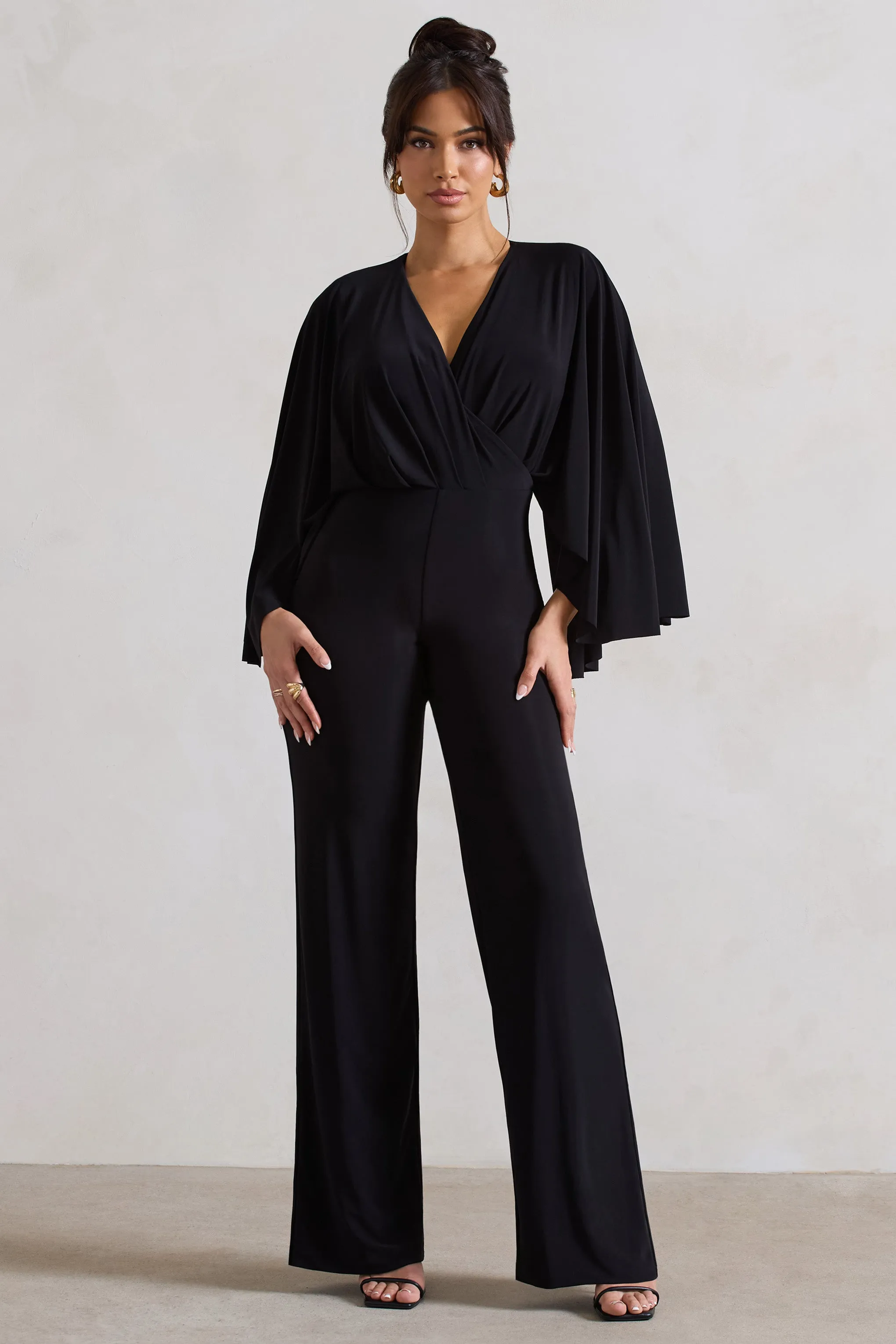 Nori | Black Plunge-Neck Straight-Leg Cape Jumpsuit Club L London