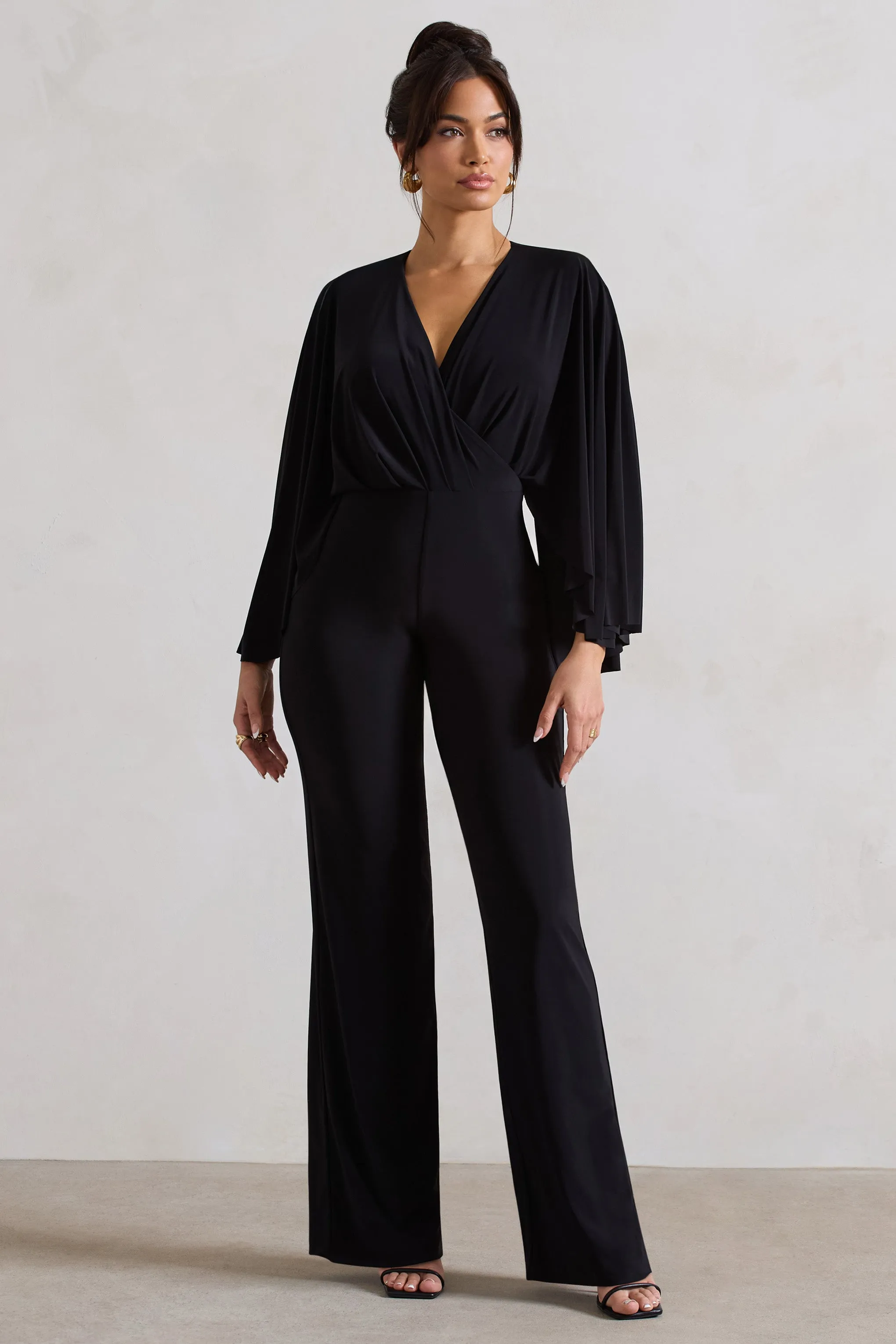 Nori | Black Plunge-Neck Straight-Leg Cape Jumpsuit Club L London