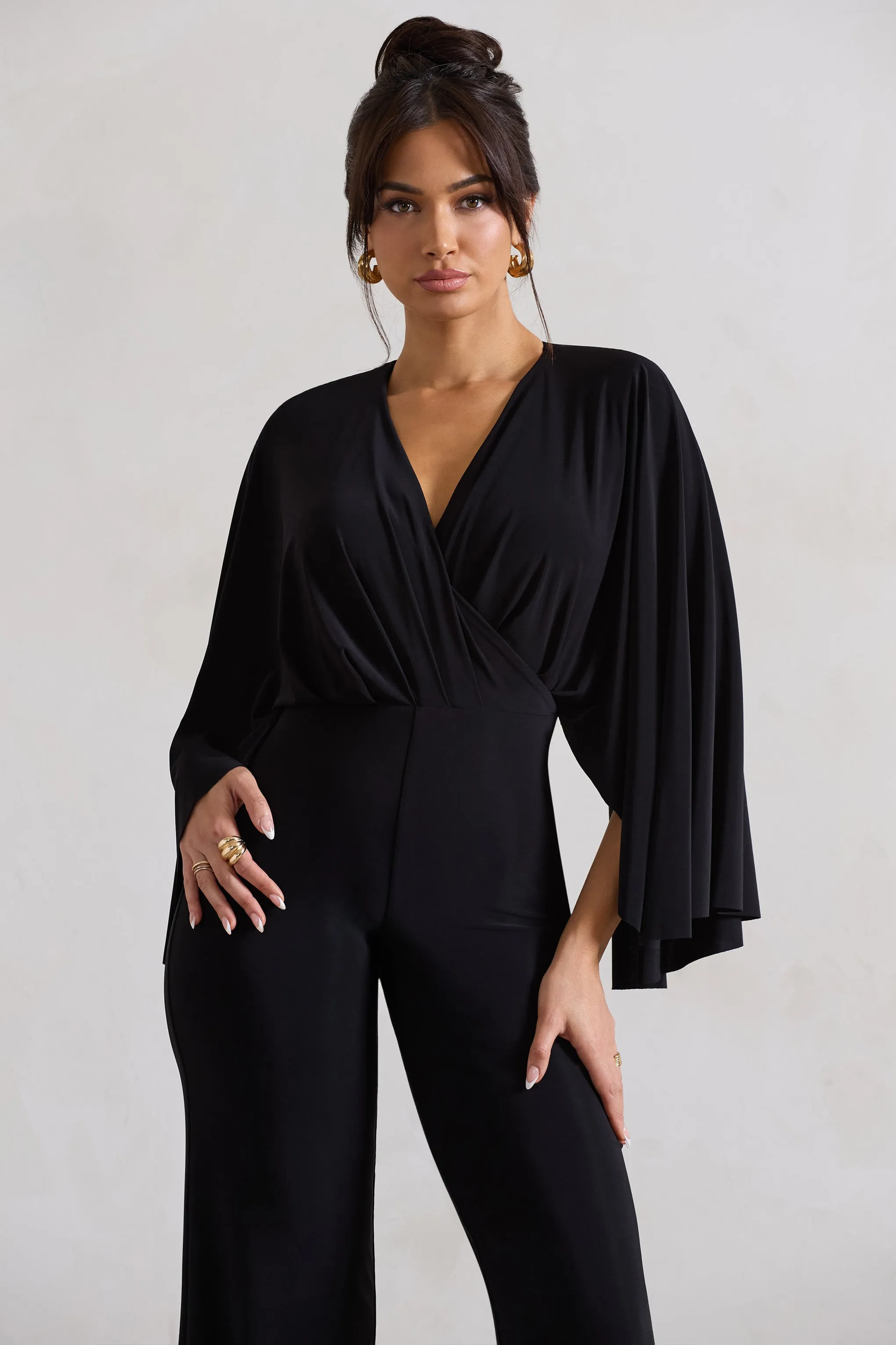 Nori | Black Plunge-Neck Straight-Leg Cape Jumpsuit Club L London