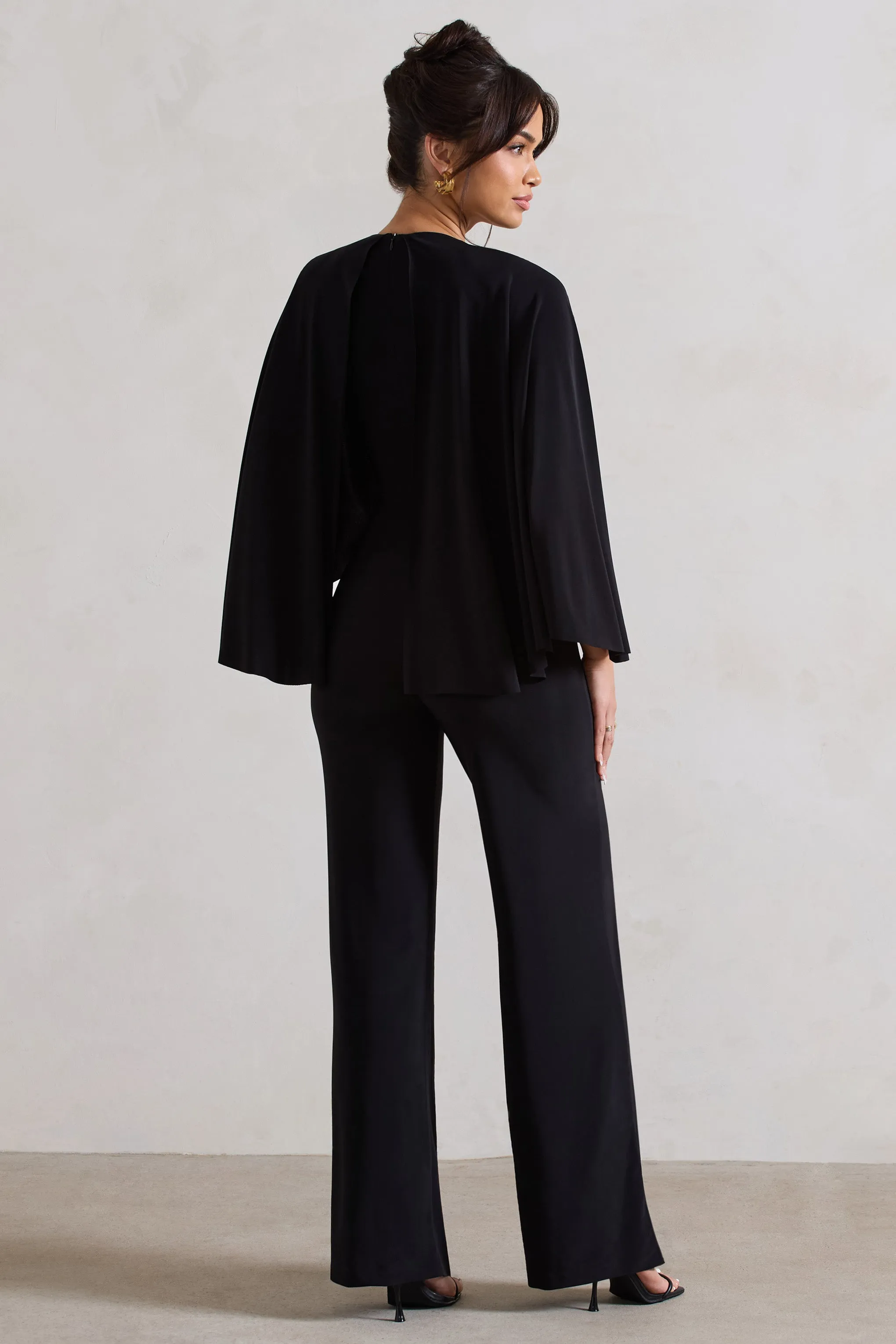 Nori | Black Plunge-Neck Straight-Leg Cape Jumpsuit Club L London