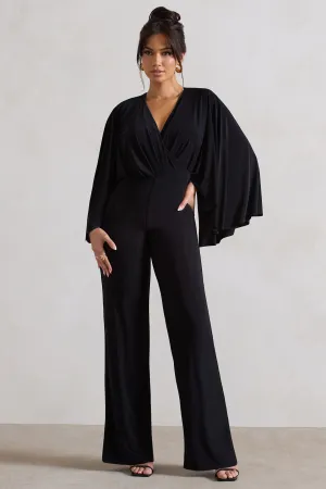 Nori | Black Plunge-Neck Straight-Leg Cape Jumpsuit Club L London