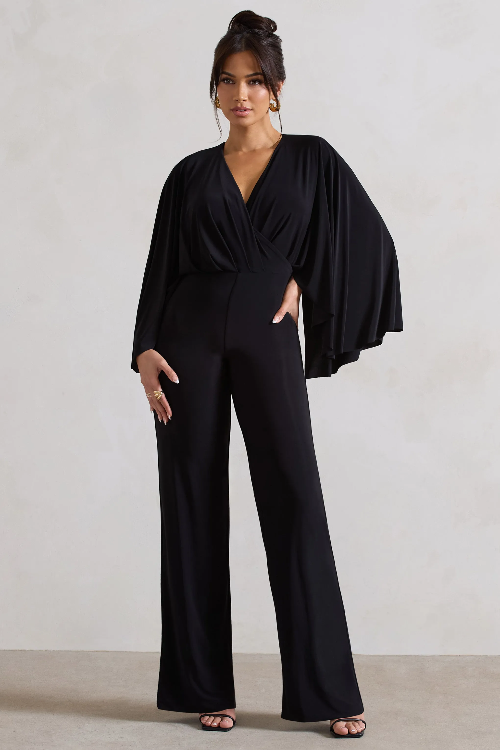 Nori | Black Plunge-Neck Straight-Leg Cape Jumpsuit Club L London