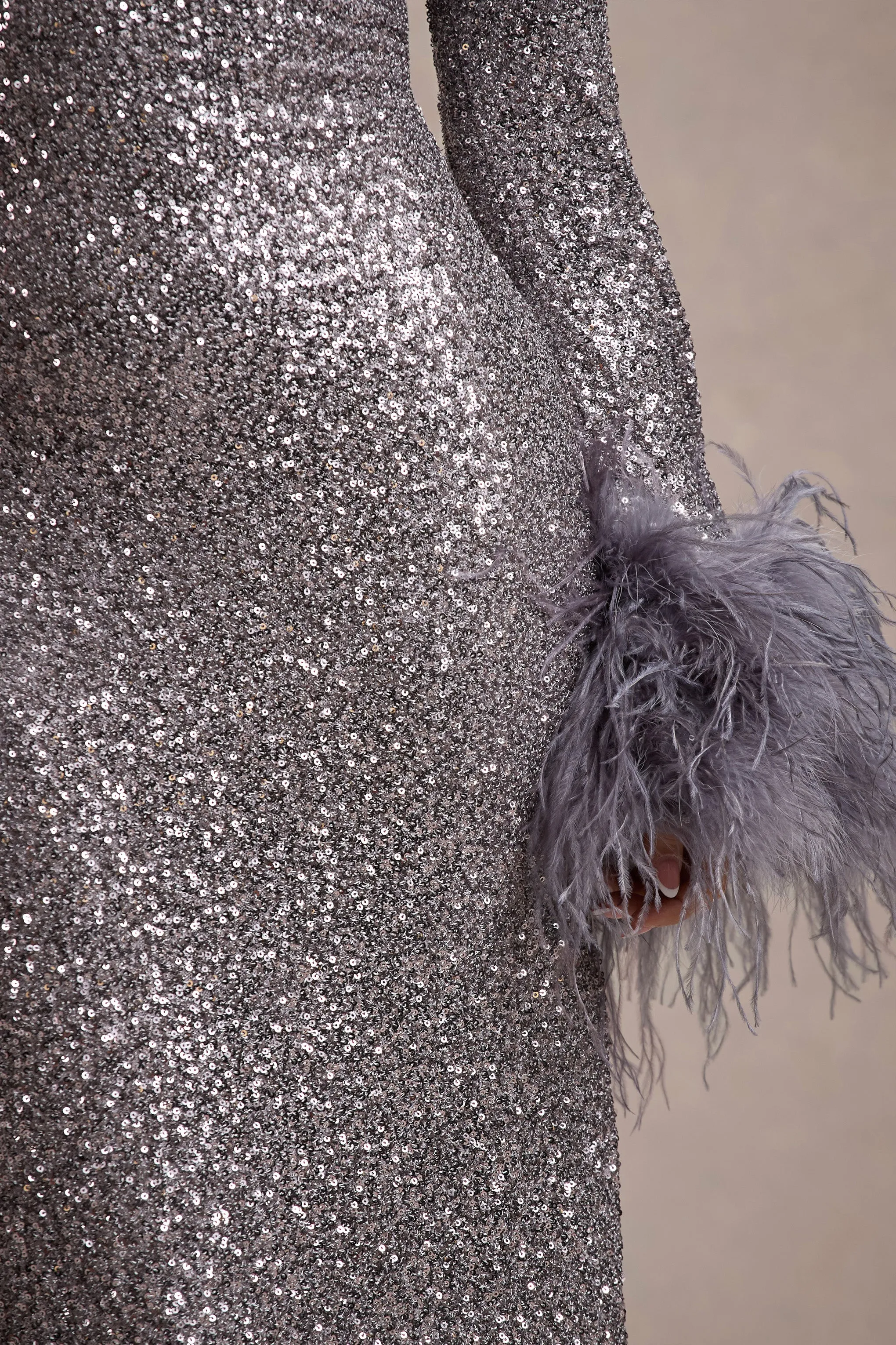 North Star | Silver Sequin Long-Sleeve Midi Dress With Feather Cuffs Club L London