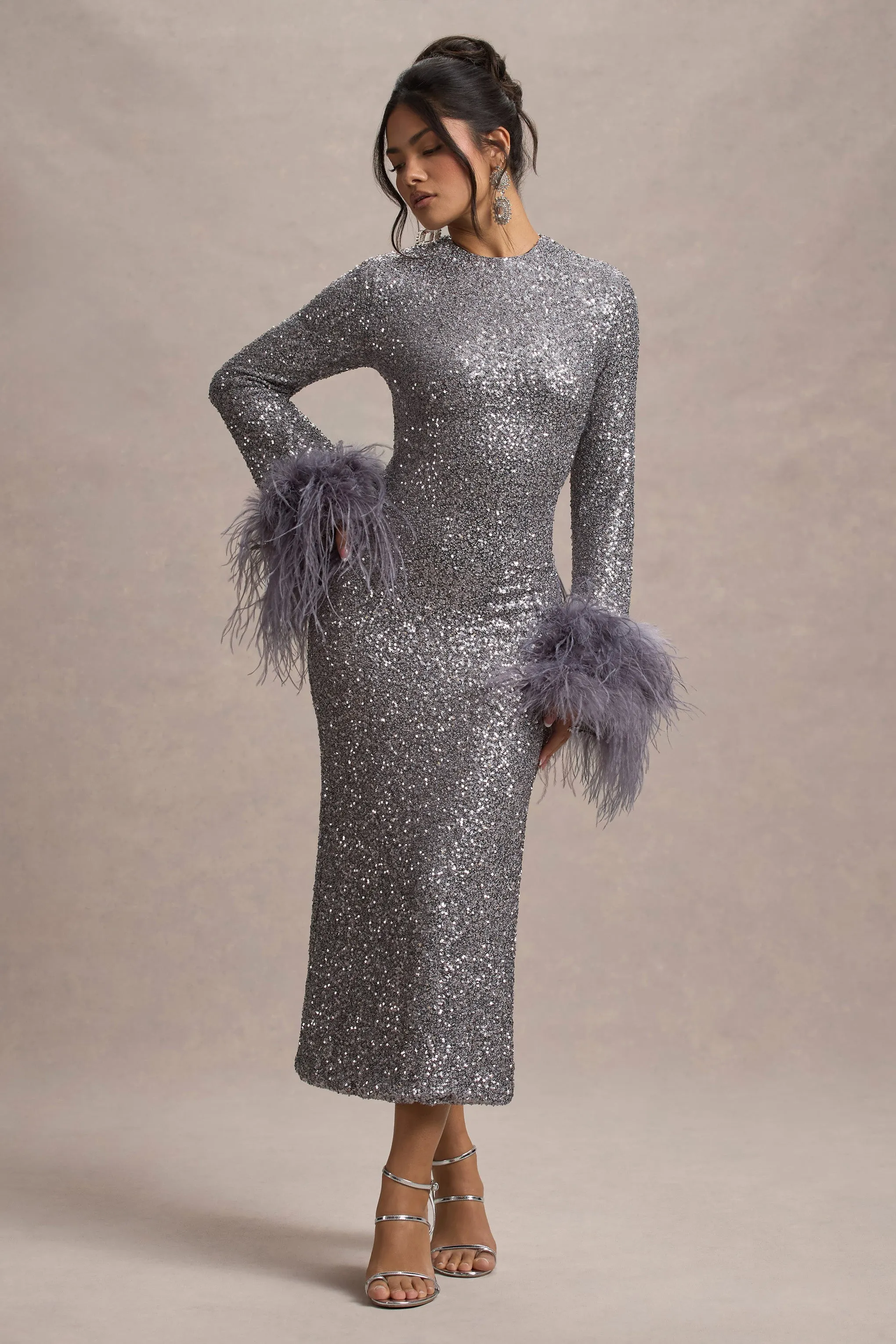 North Star | Silver Sequin Long-Sleeve Midi Dress With Feather Cuffs Club L London