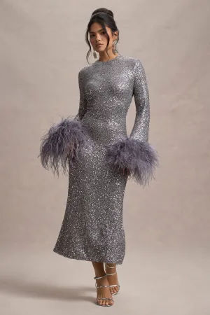 North Star | Silver Sequin Long-Sleeve Midi Dress With Feather Cuffs Club L London