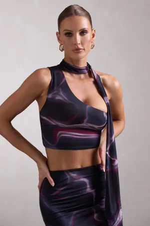 North Wind | Black Printed One-Shoulder Crop Top With Scarf Club L London