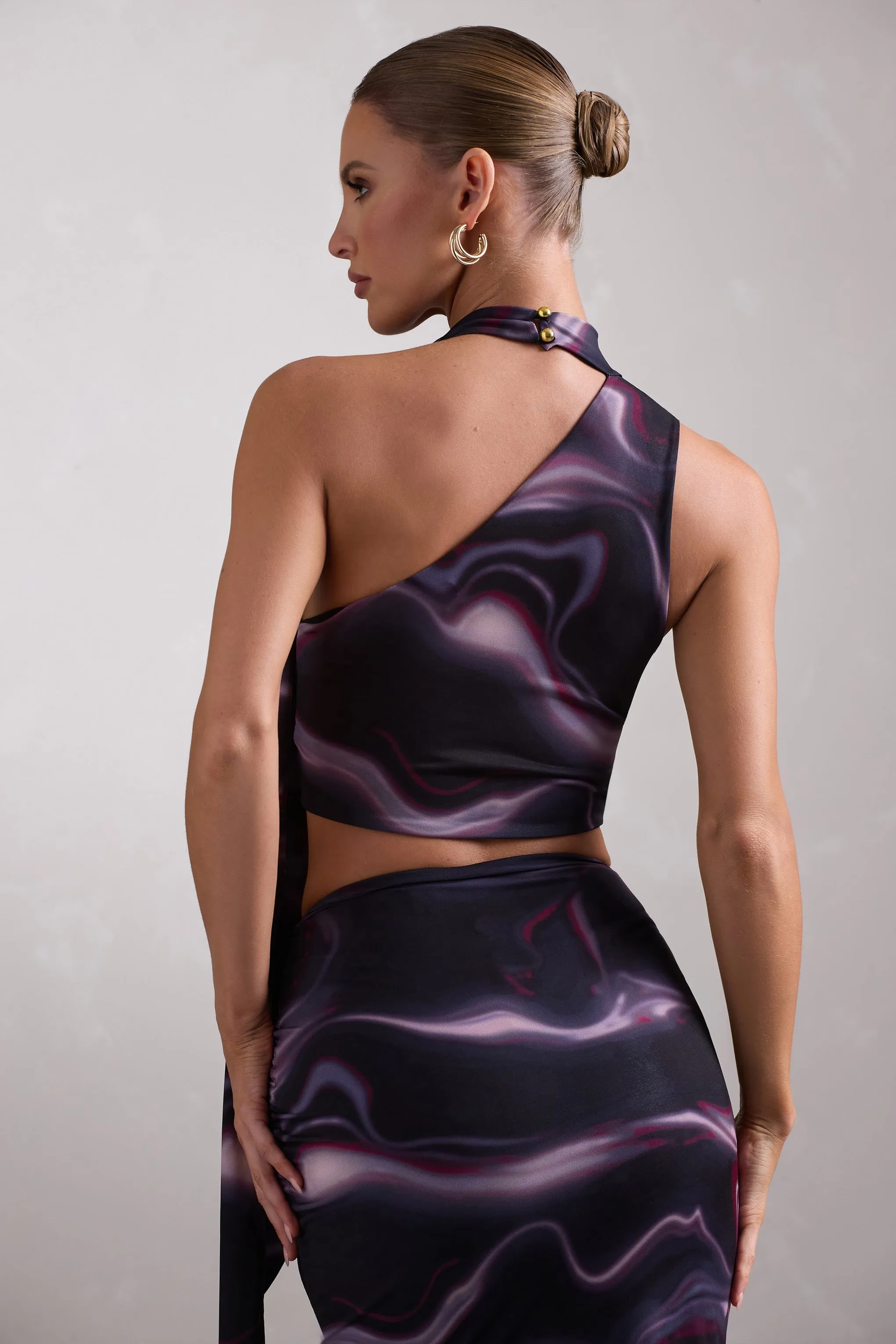 North Wind | Black Printed One-Shoulder Crop Top With Scarf Club L London