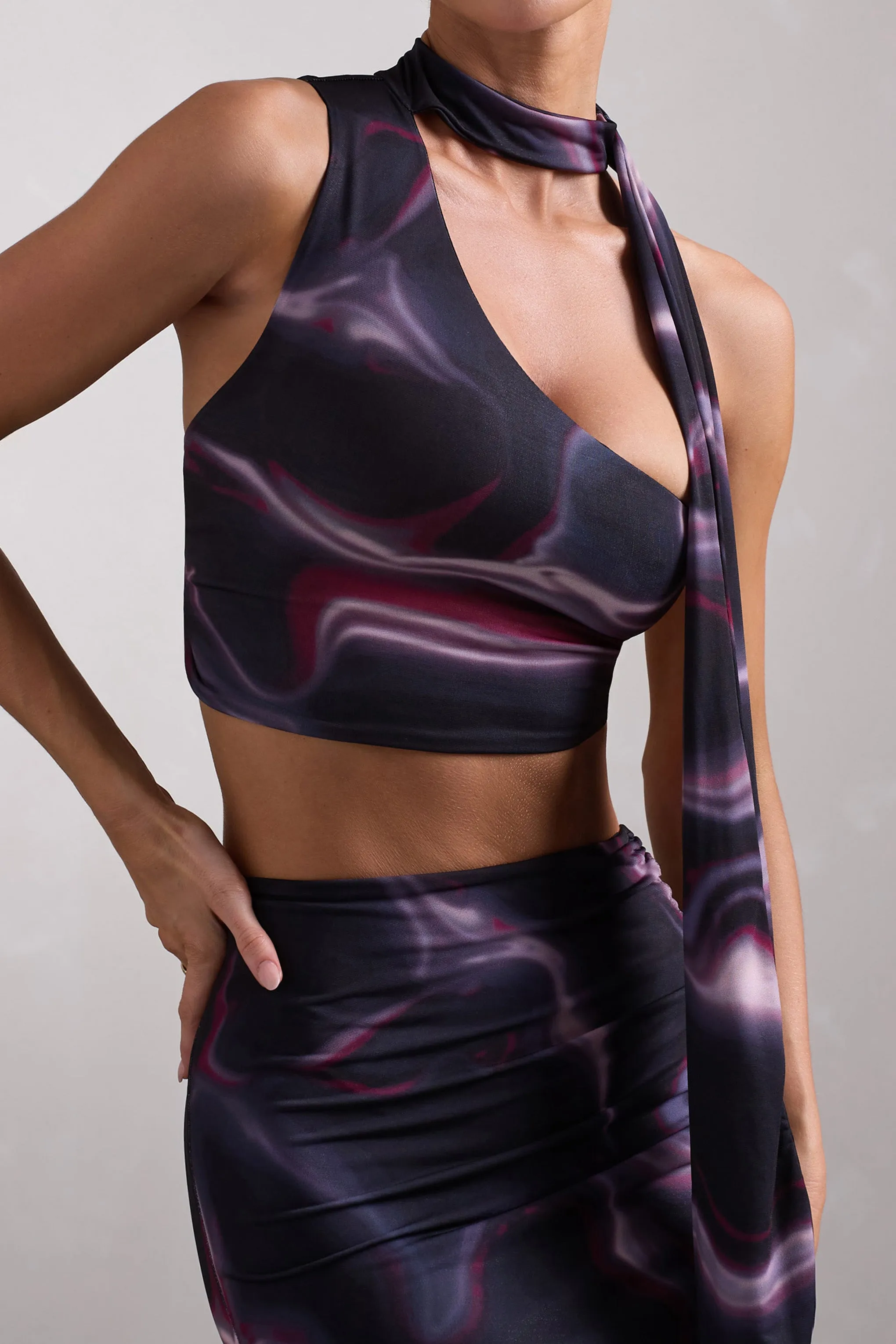 North Wind | Black Printed One-Shoulder Crop Top With Scarf Club L London