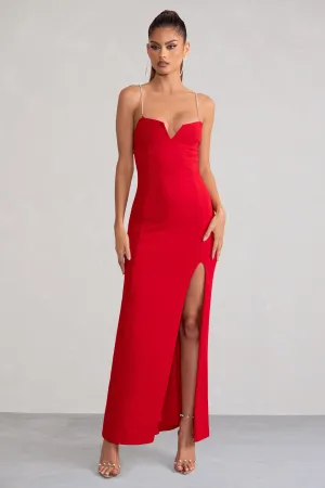 Notes To Self | Red Square Neck Thigh Split Maxi Dress Club L London