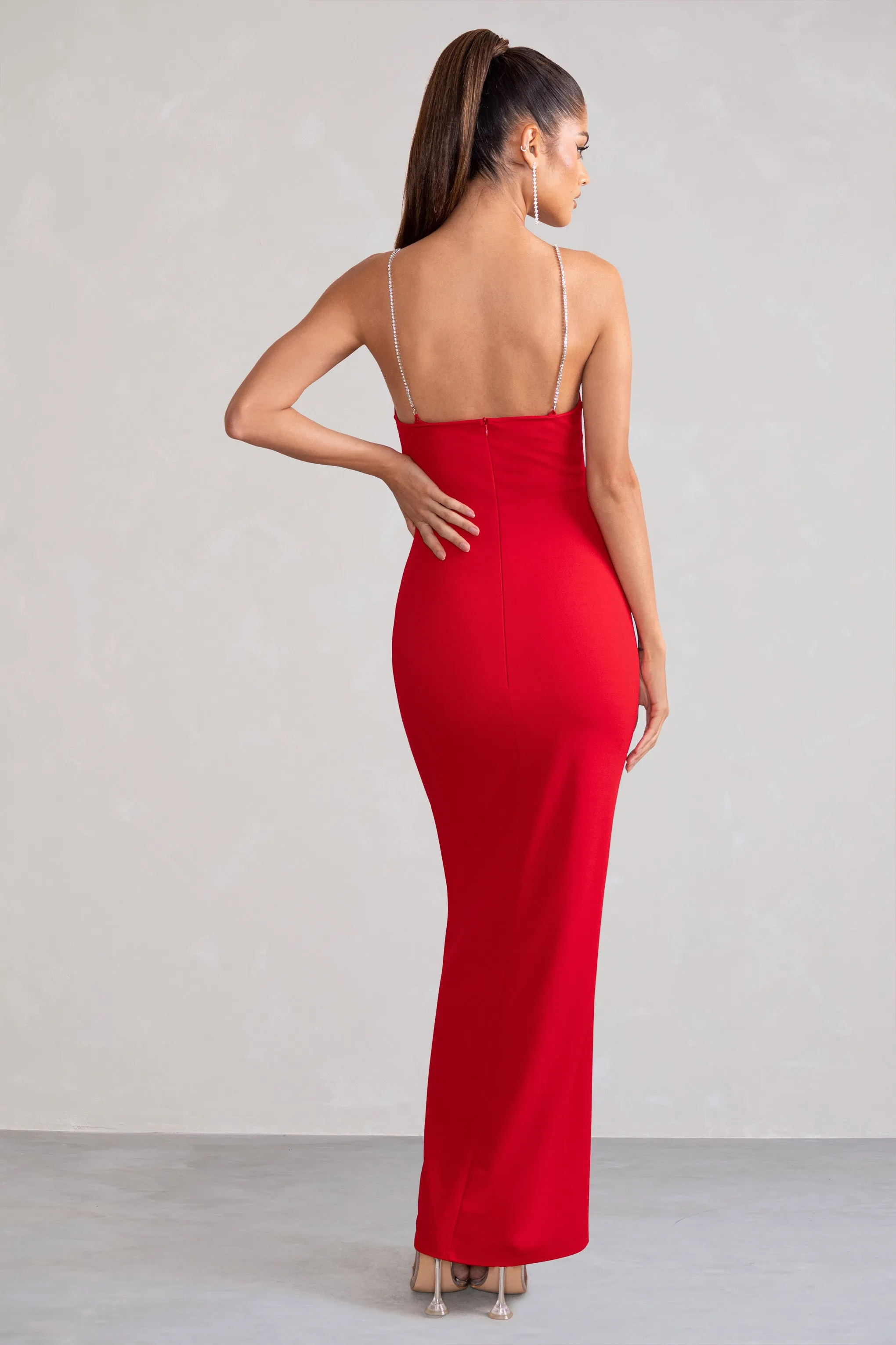 Notes To Self | Red Square Neck Thigh Split Maxi Dress Club L London