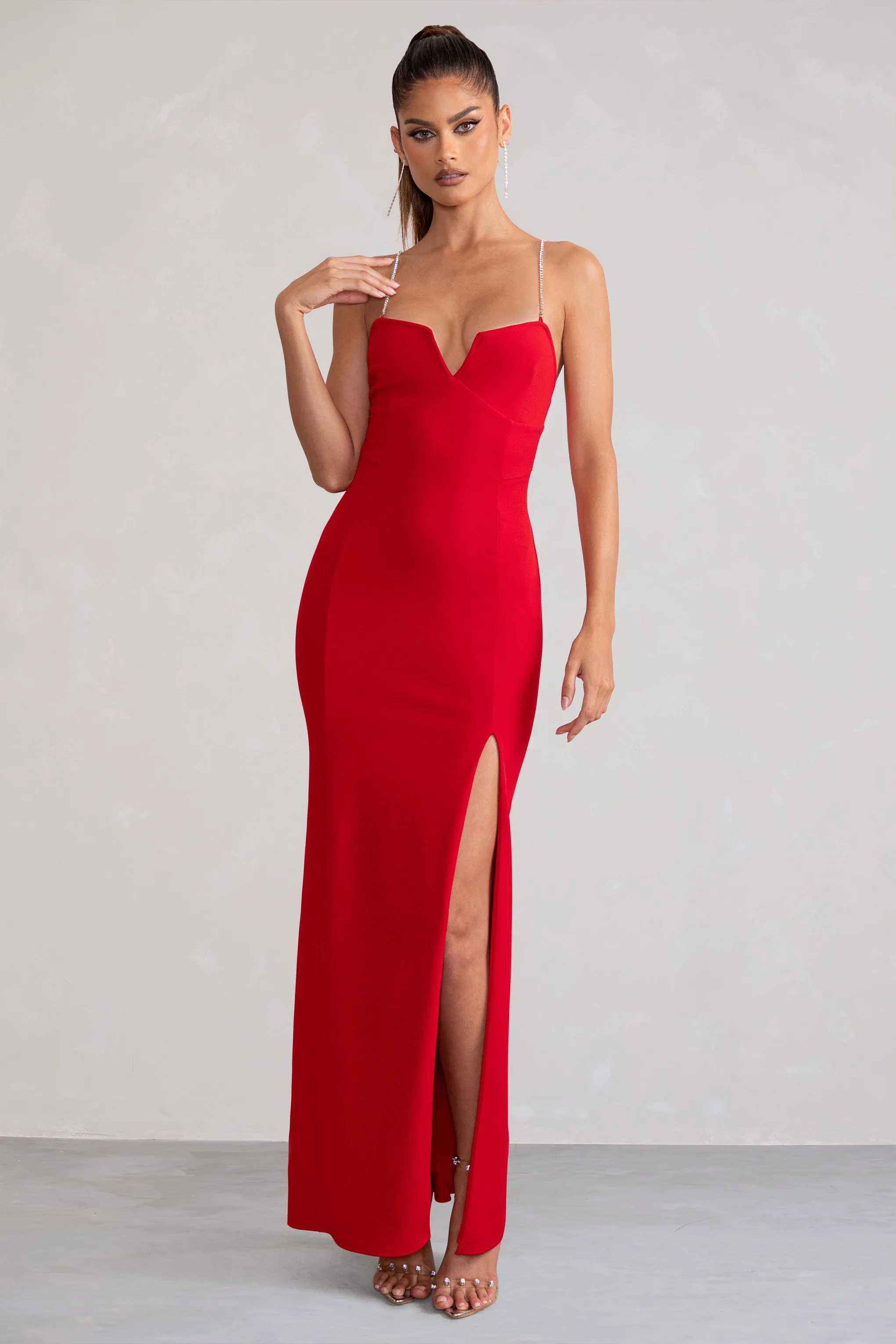Notes To Self | Red Square Neck Thigh Split Maxi Dress Club L London
