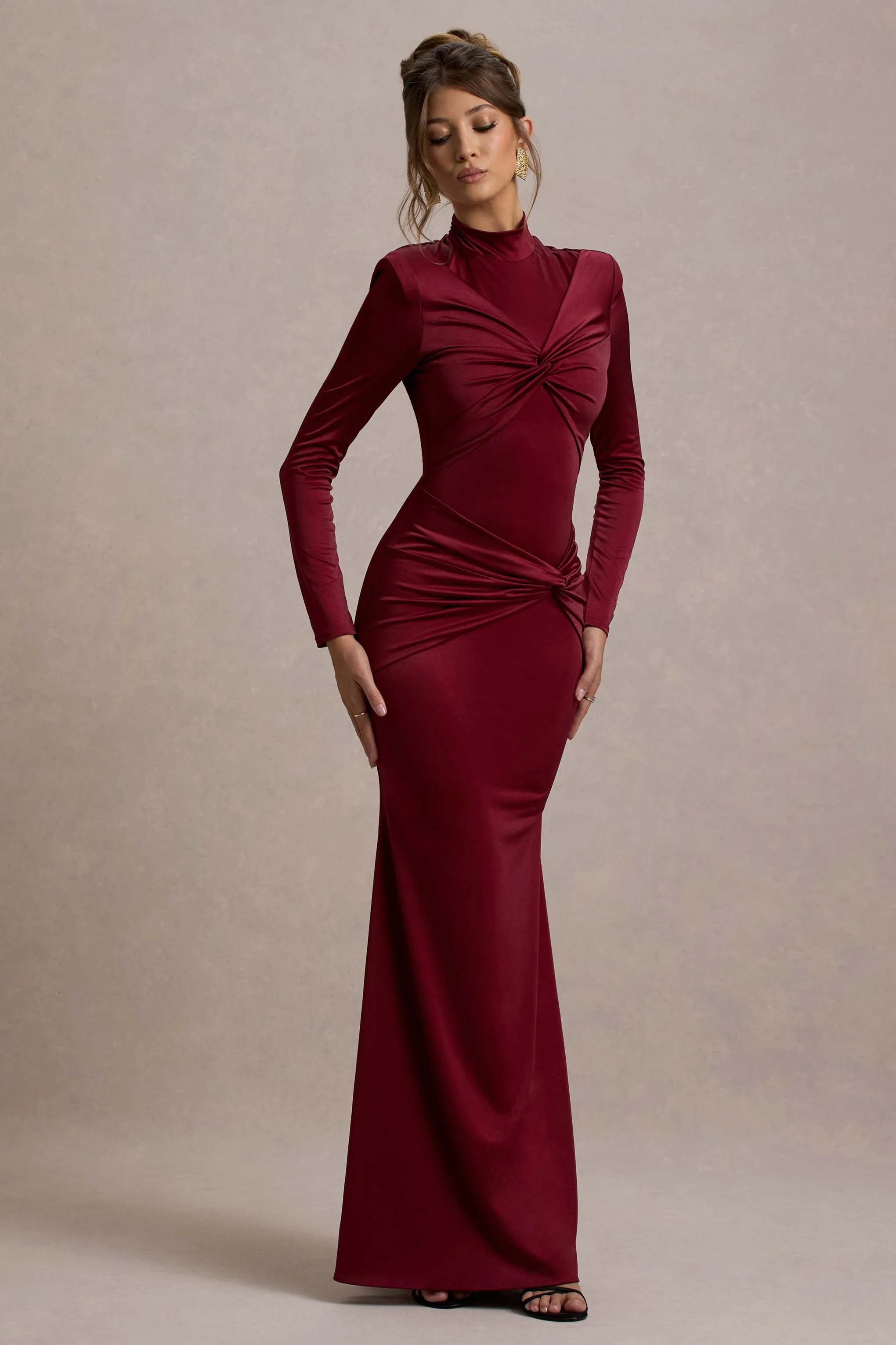 Noya | Berry Long-Sleeve Ruched Maxi Dress Club L London