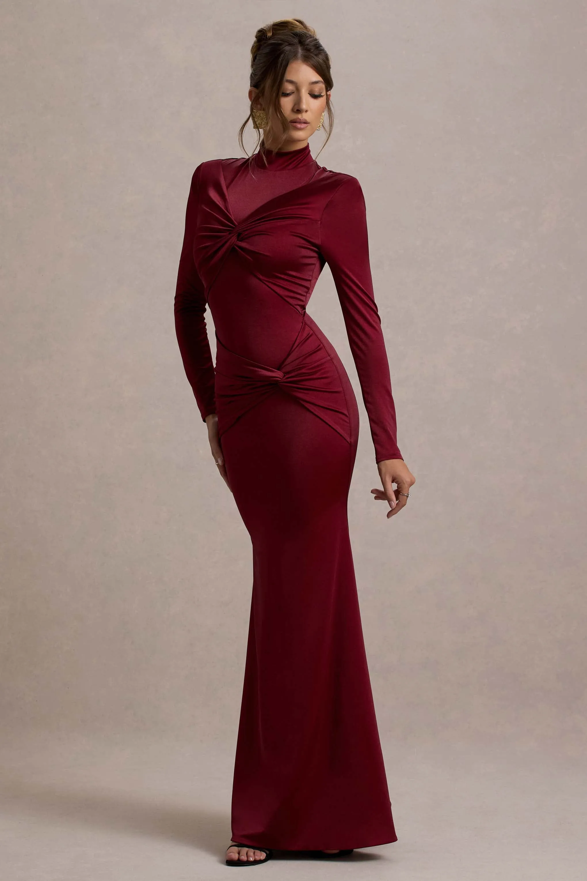 Noya | Berry Long-Sleeve Ruched Maxi Dress Club L London