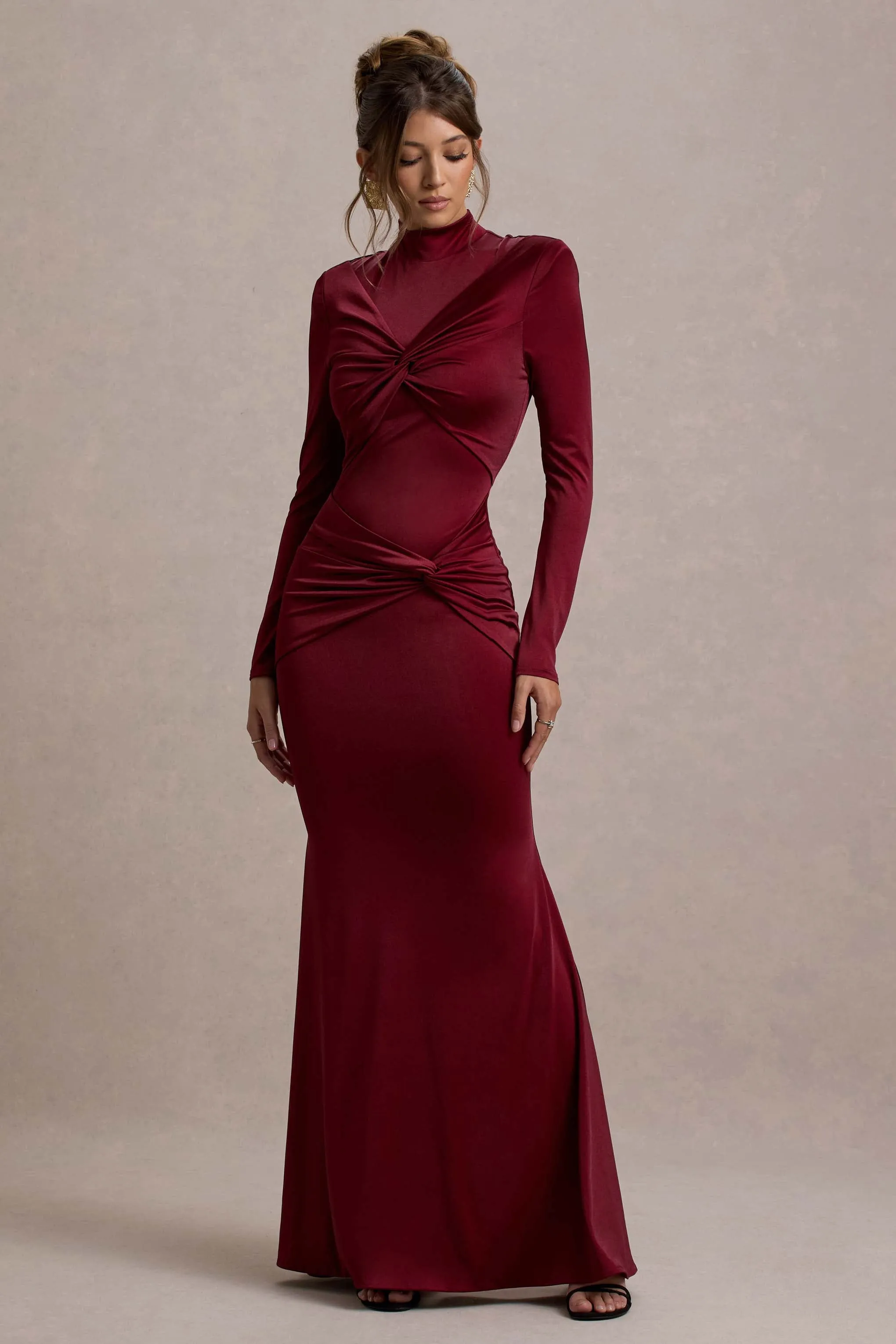 Noya | Berry Long-Sleeve Ruched Maxi Dress Club L London