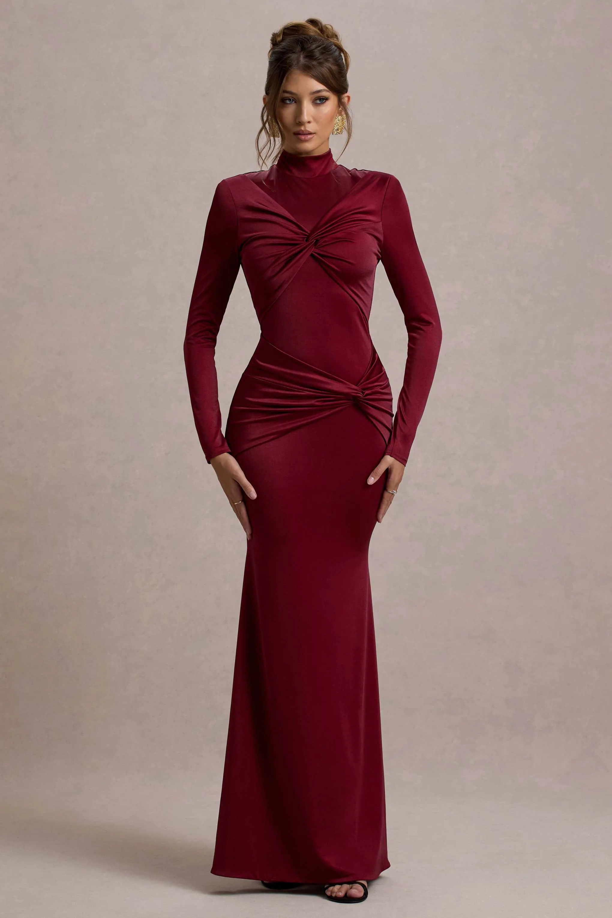 Noya | Berry Long-Sleeve Ruched Maxi Dress Club L London
