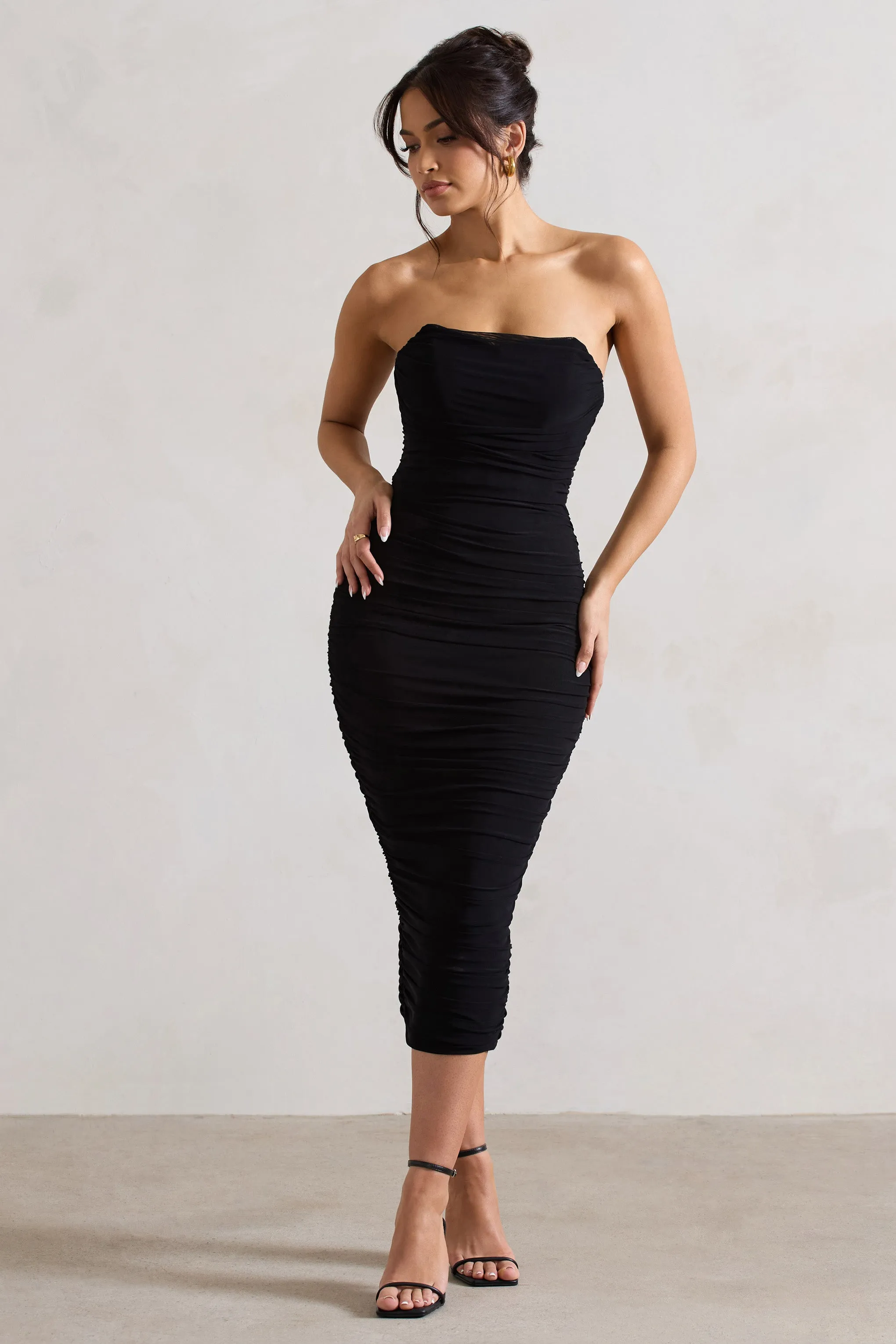 Nylah | Black Ruched Corset Bodycon Midi Dress Club L London