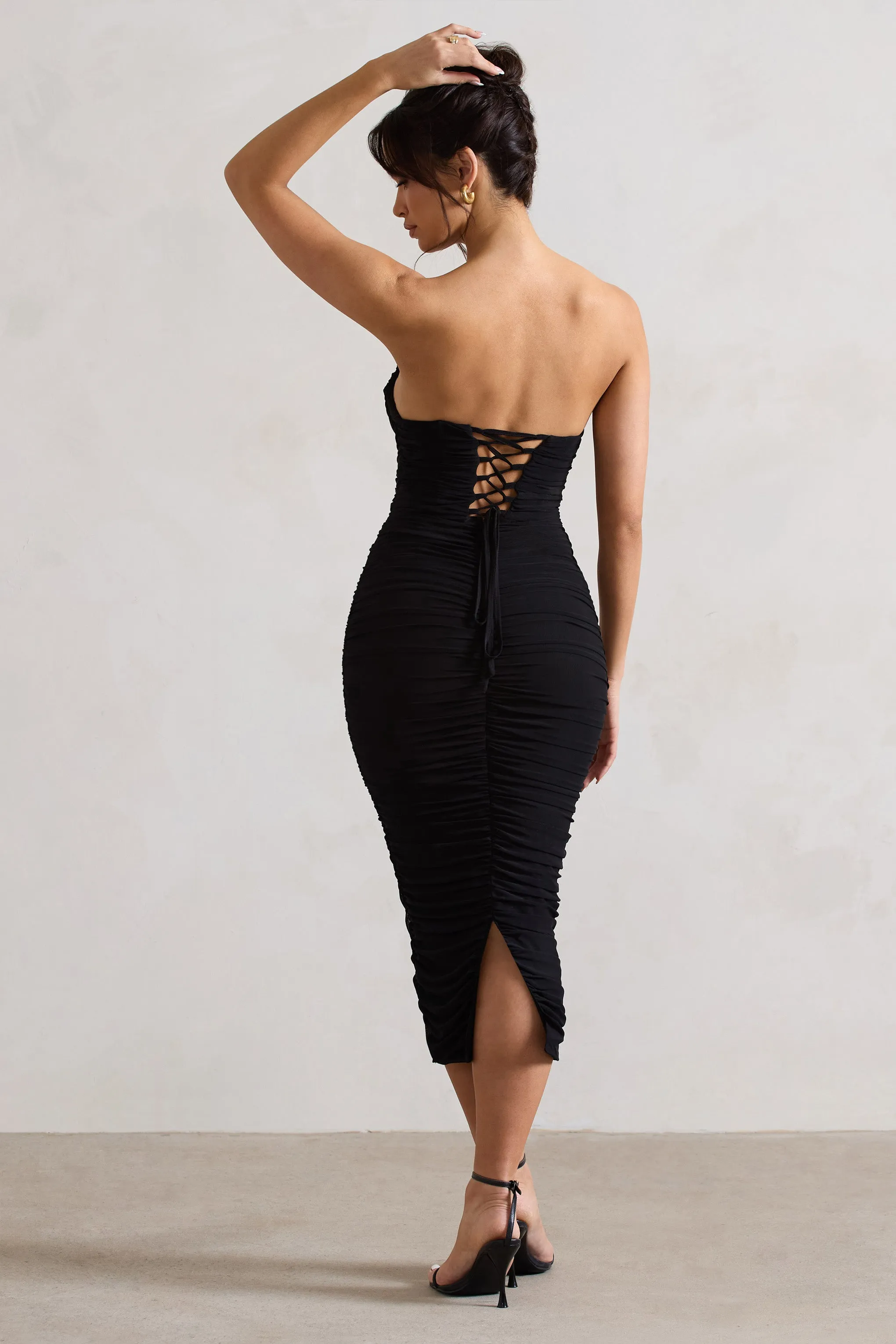 Nylah | Black Ruched Corset Bodycon Midi Dress Club L London