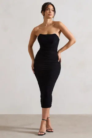 Nylah | Black Ruched Corset Bodycon Midi Dress Club L London