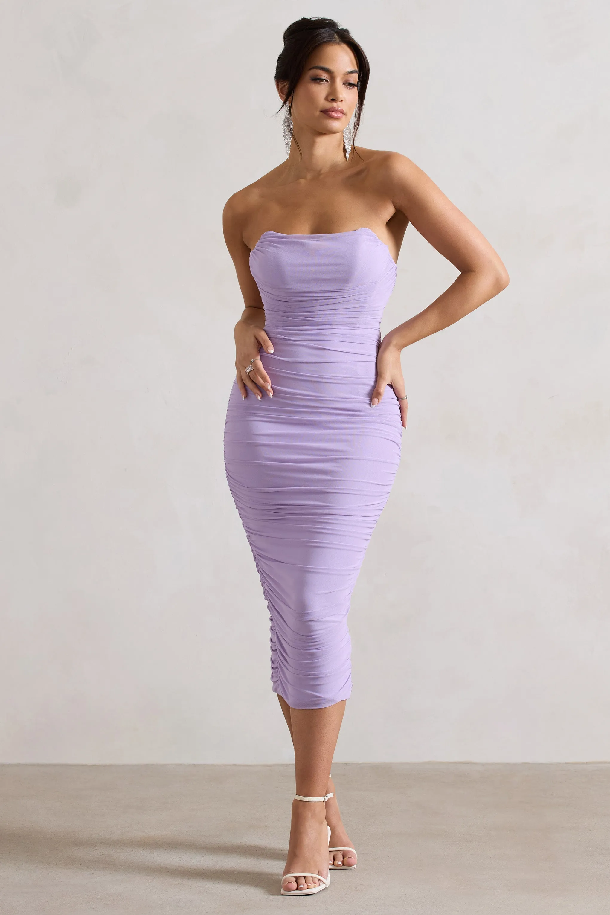 Nylah | Lilac Ruched Corset Bodycon Midi Dress Club L London