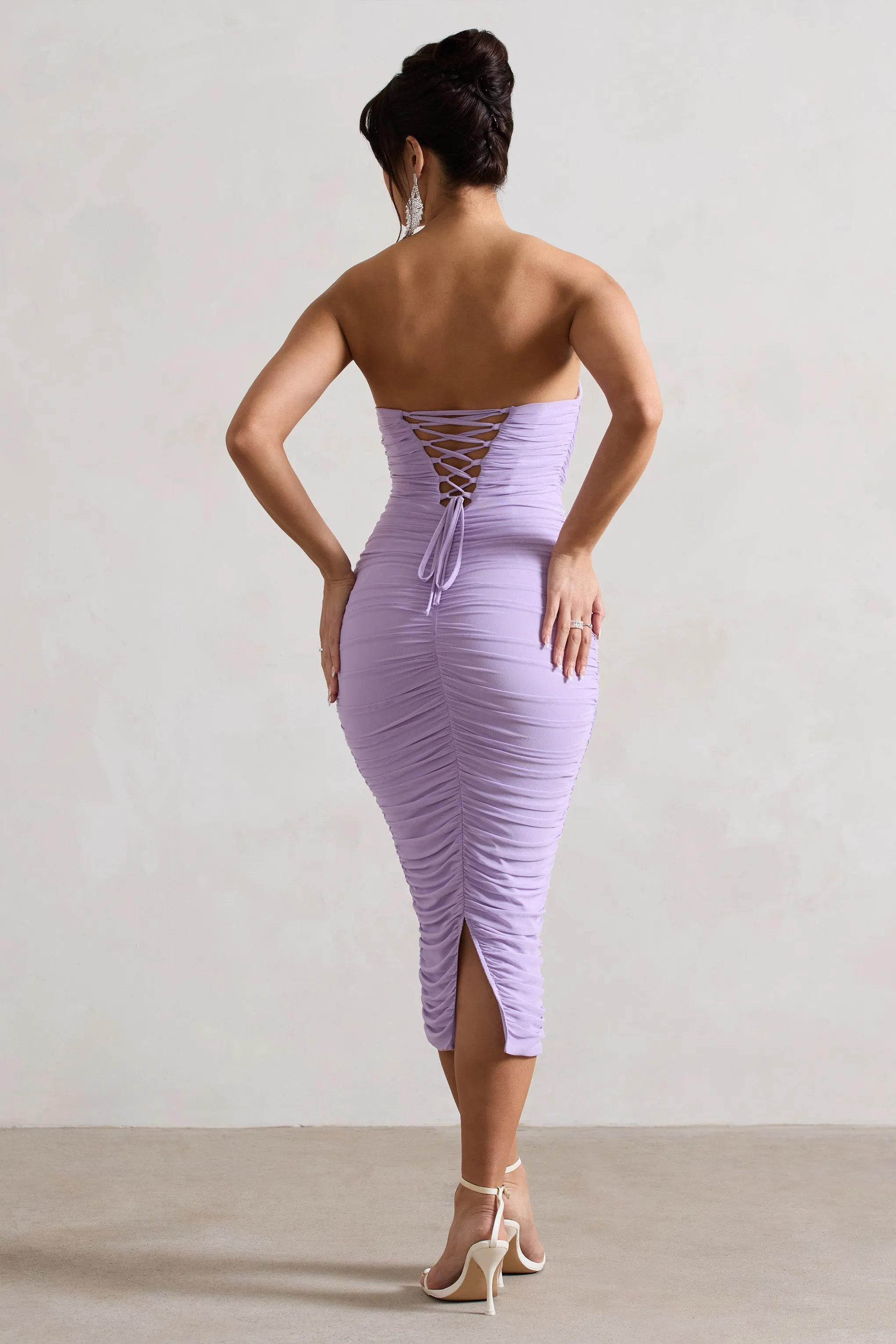 Nylah | Lilac Ruched Corset Bodycon Midi Dress Club L London