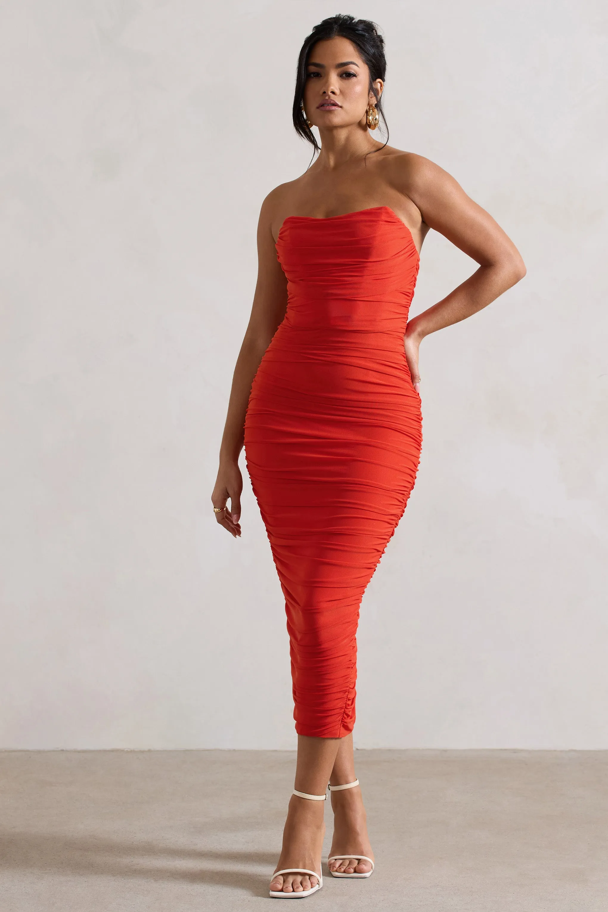 Nylah | Orange Ruched Corset Bodycon Midi Dress Club L London