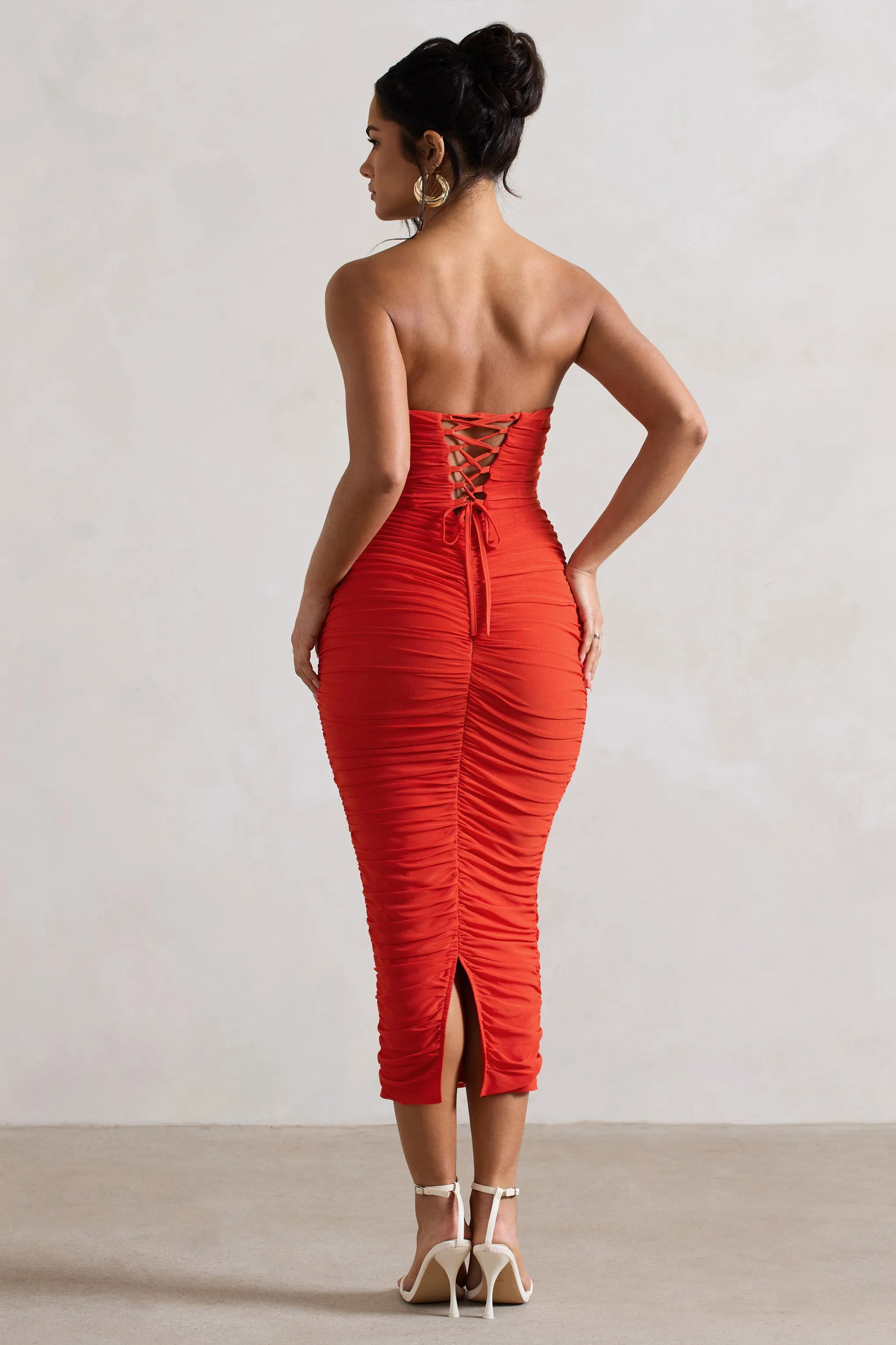 Nylah | Orange Ruched Corset Bodycon Midi Dress Club L London